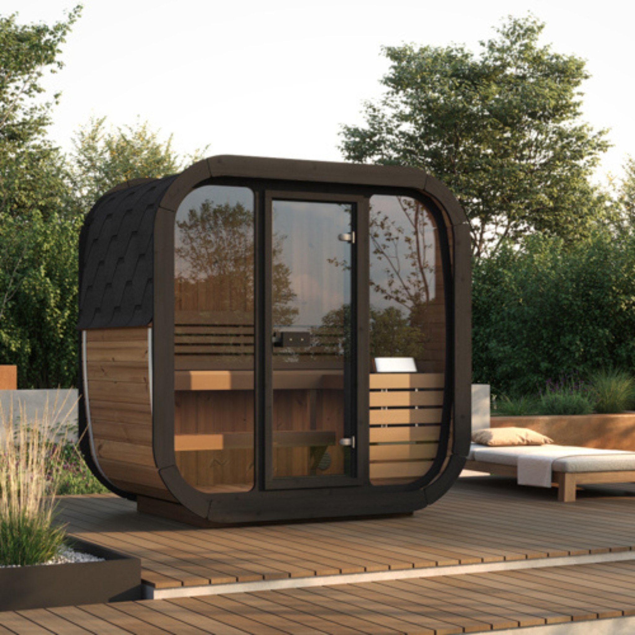 SaunaLife CL4G outdoor sauna cabin set in backyard garden with natural surroundings.
