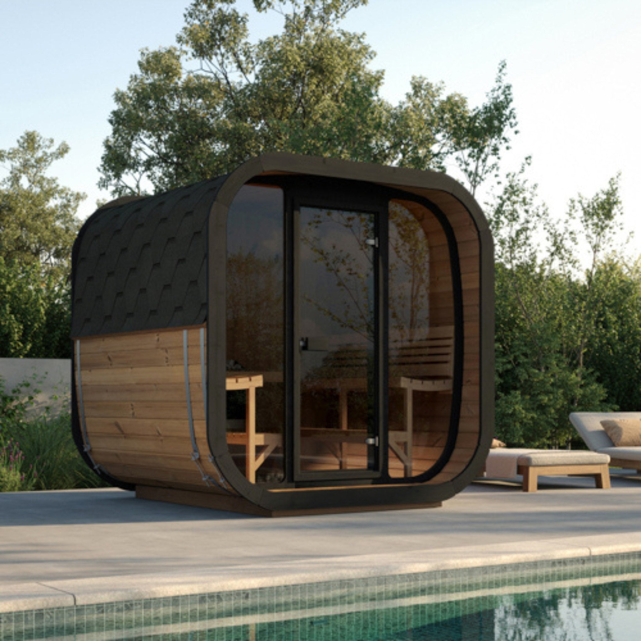 SaunaLife CL7G outdoor sauna cabin placed beside pool with scenic modern backdrop.