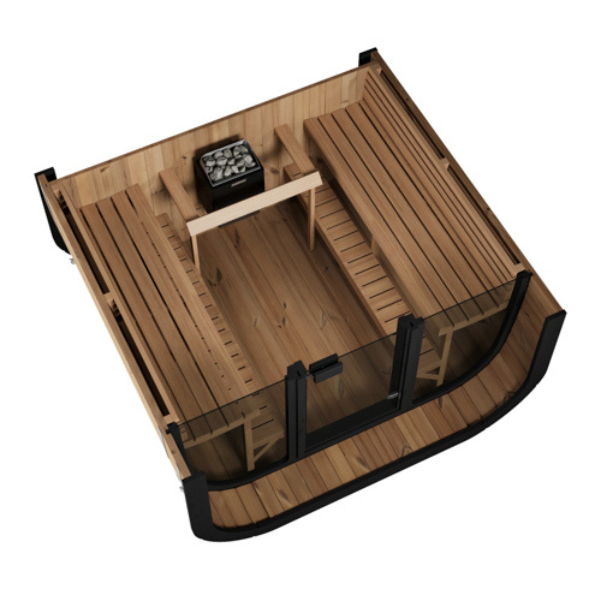 SaunaLife CL7G interior view showing glass door entry and heater positioned in the back