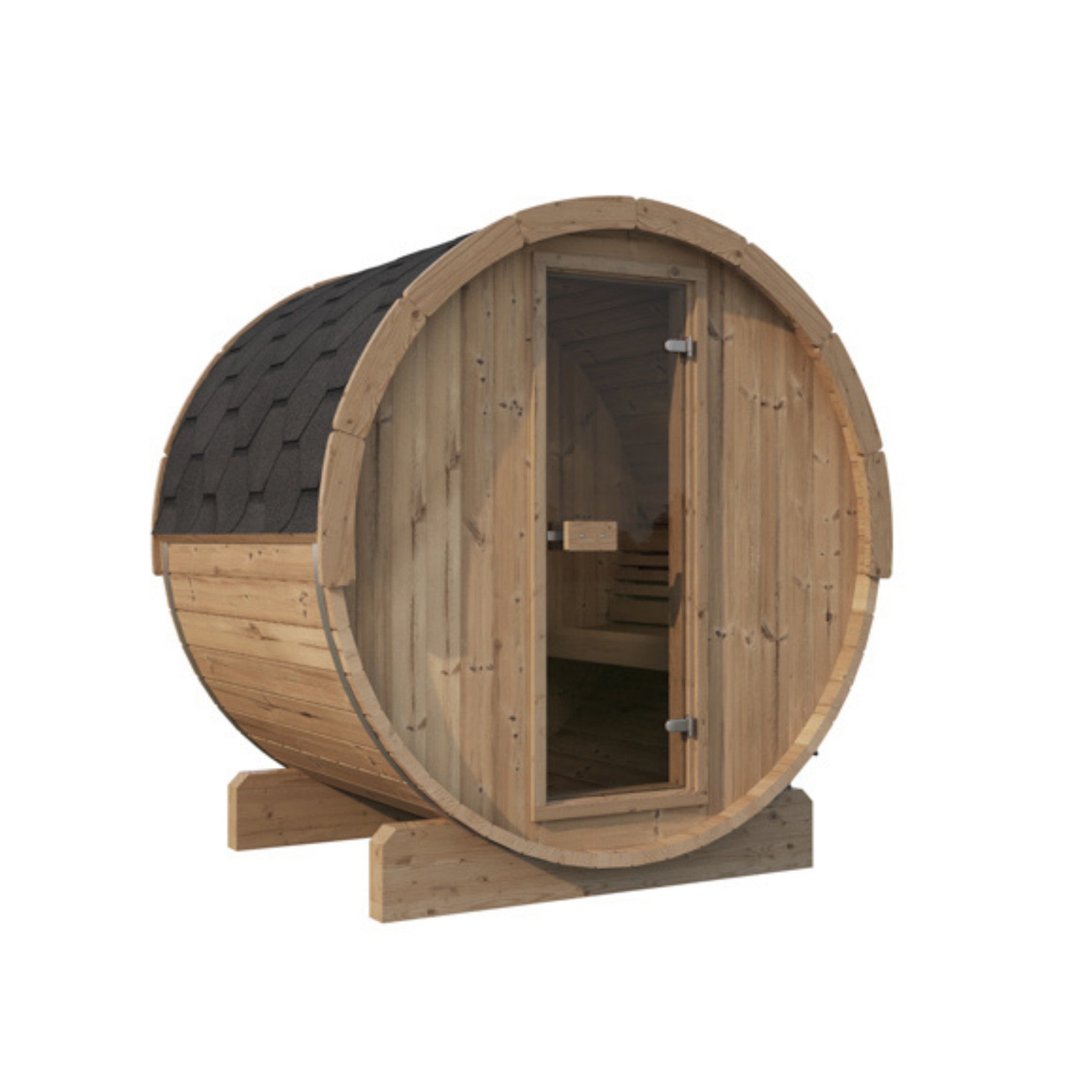 SaunaLife Model E6 outdoor barrel sauna with black roof shingles and full glass door.