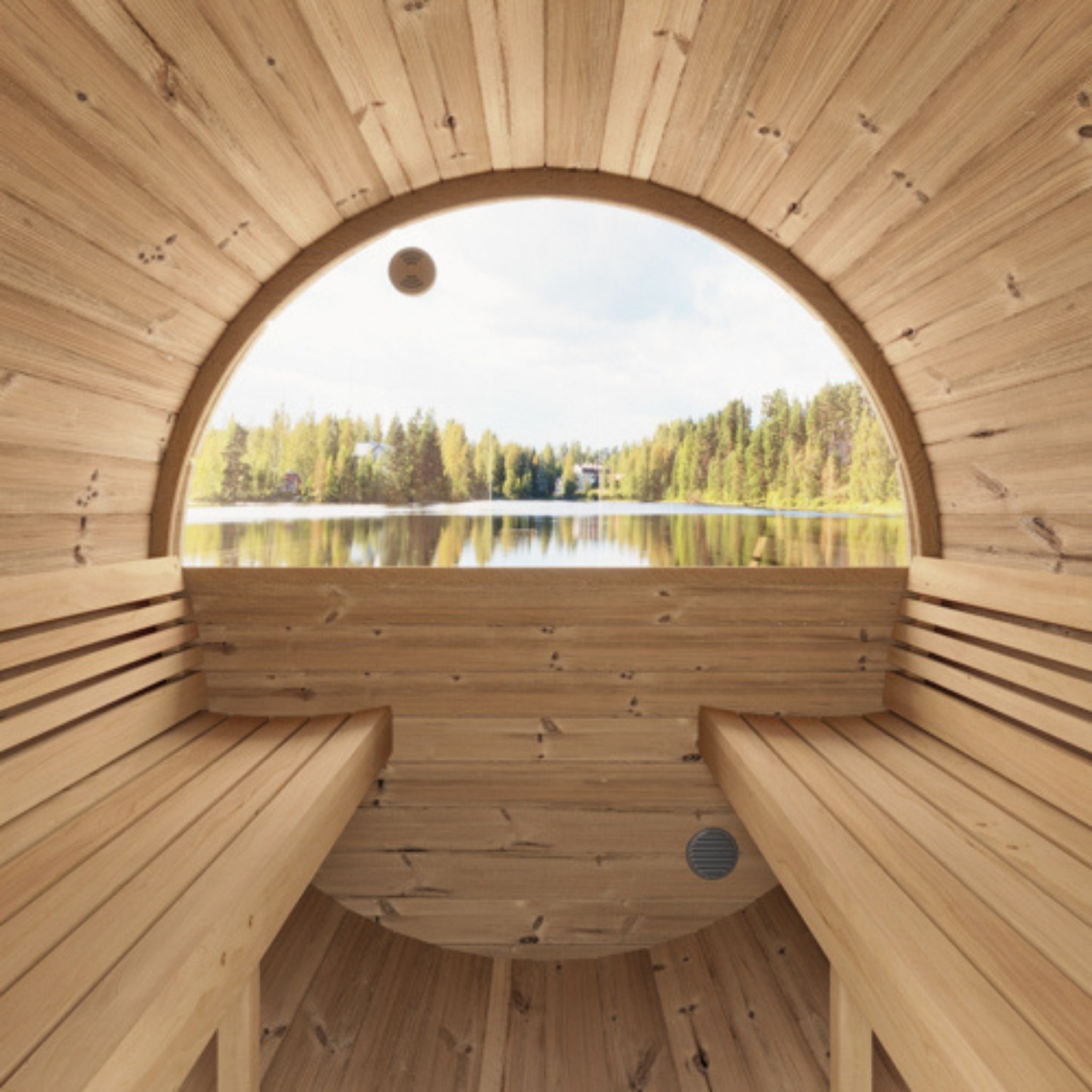 SaunaLife E6W interior featuring panoramic window and curved cedar benches.