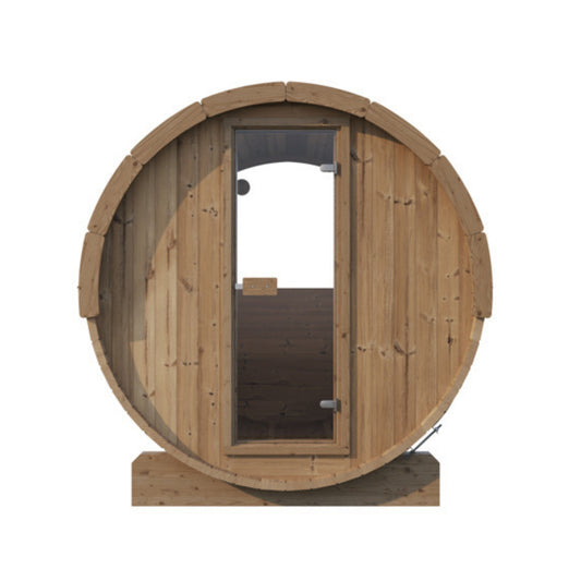 SaunaLife E6W barrel sauna showing front glass door and rear viewing window design.