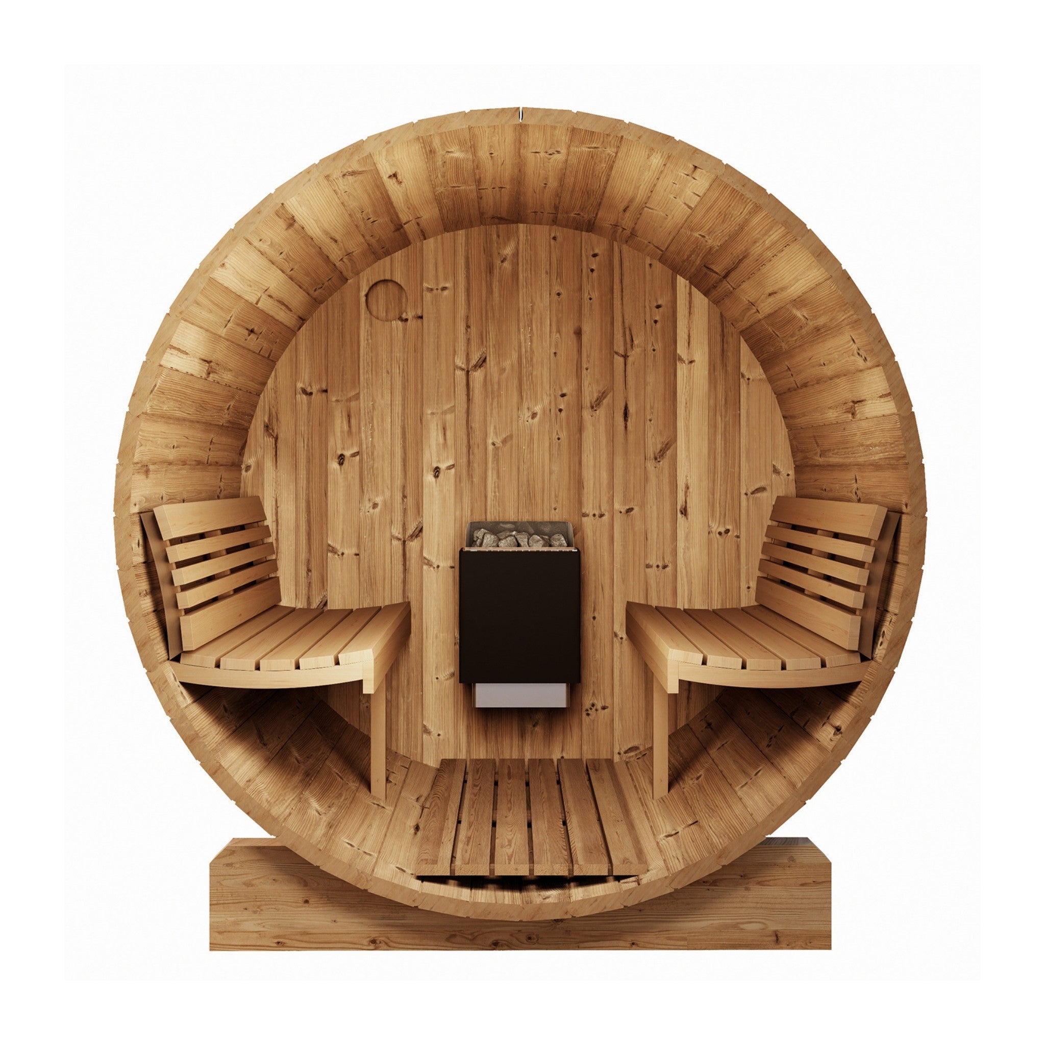 SaunaLife E7 sauna showing circular entry design with natural Thermo-Spruce wood tones.