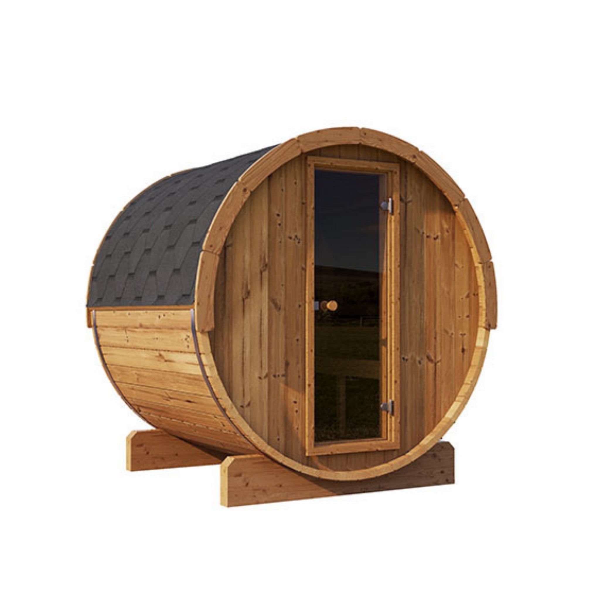 SaunaLife Model E7 outdoor barrel sauna with rounded wood exterior and glass door.