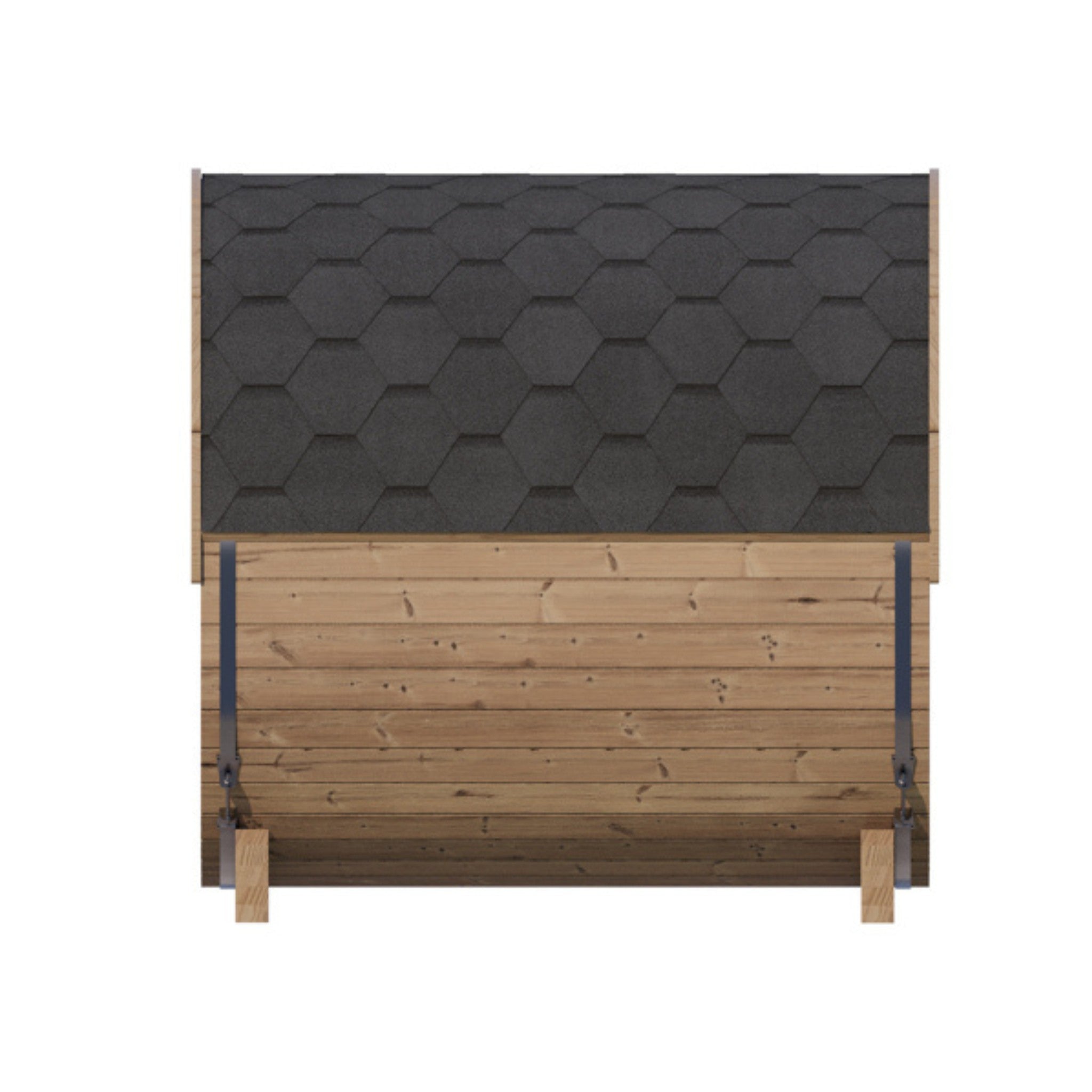 SaunaLife E7G exterior back view showing cedar paneling and dark shingled roof.