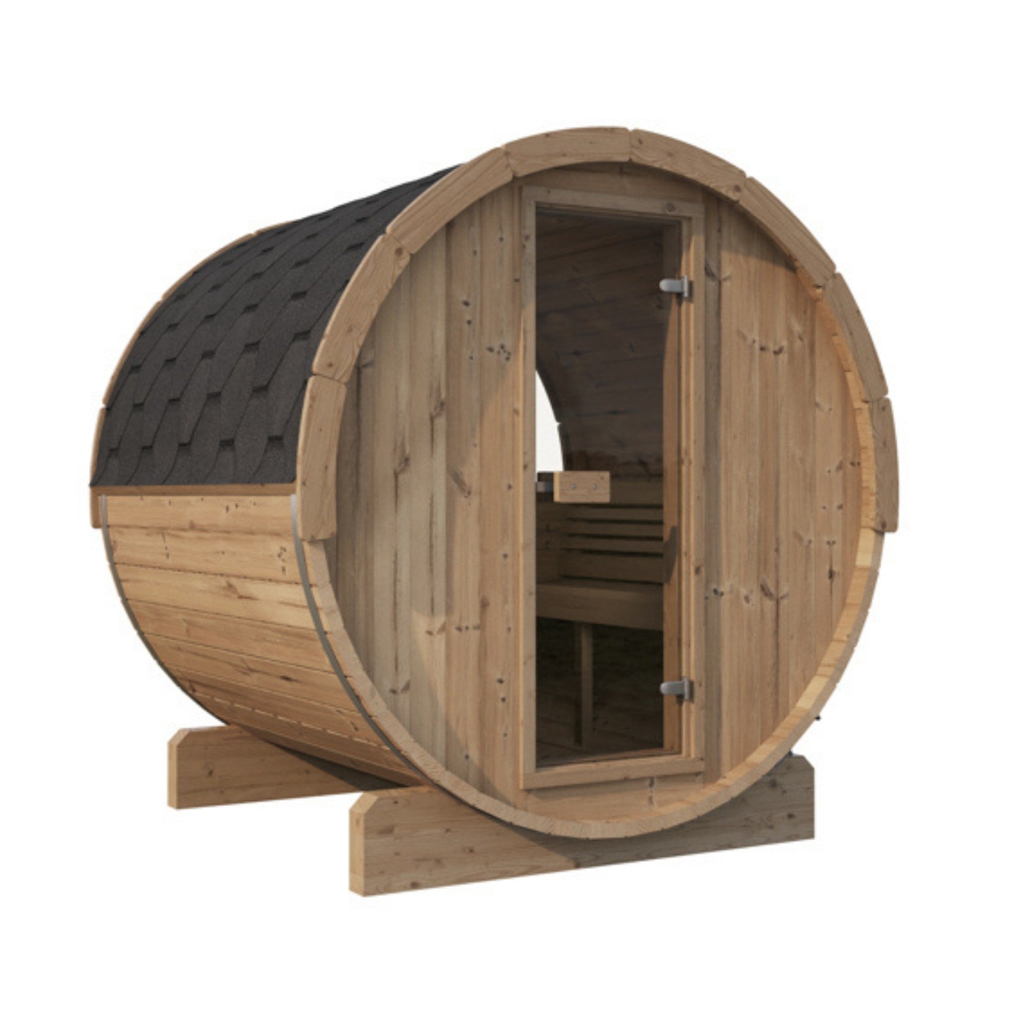 SaunaLife E7W barrel sauna with front glass door and side window.