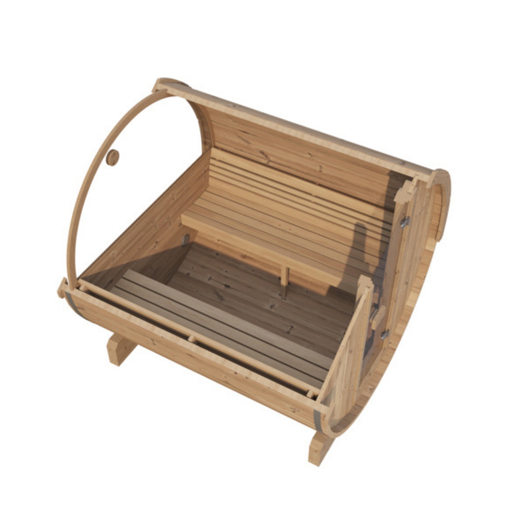 SaunaLife E7W interior showing angled cedar bench and wood paneling.