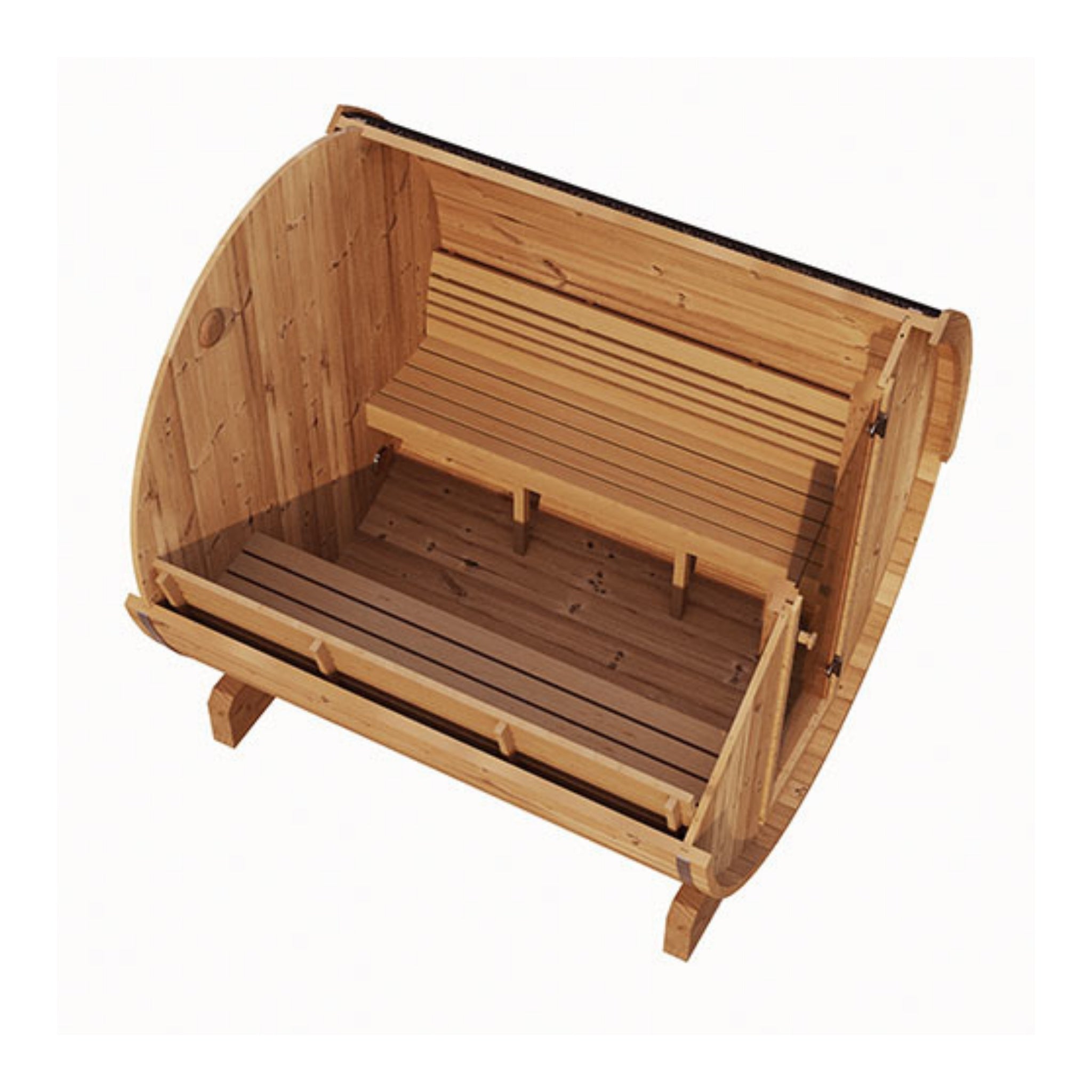 Warmly lit SaunaLife E8 sauna interior highlighting cedar finish and soft ambient glow.