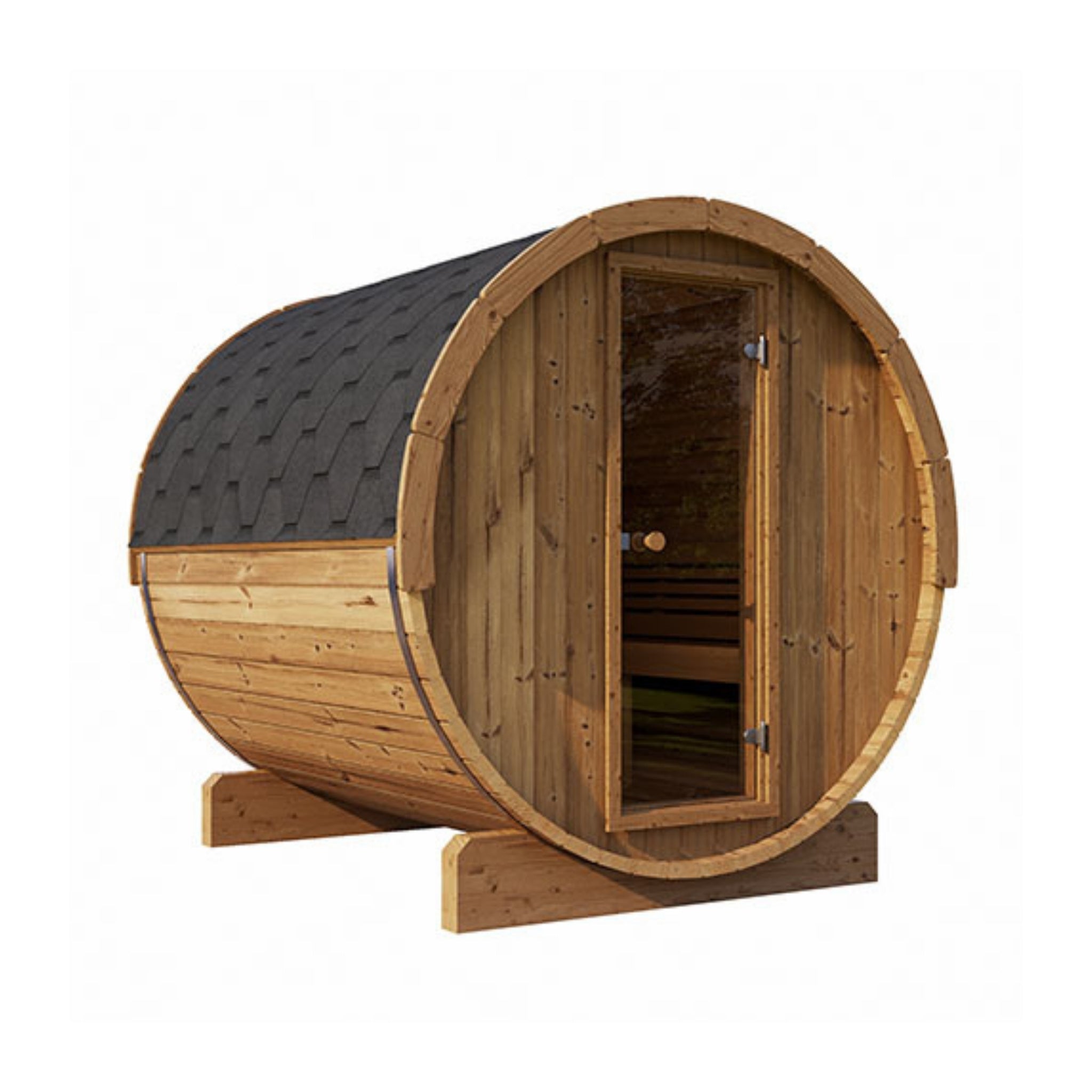 Side view of SaunaLife E8 outdoor barrel sauna showing rounded wood design and entrance.