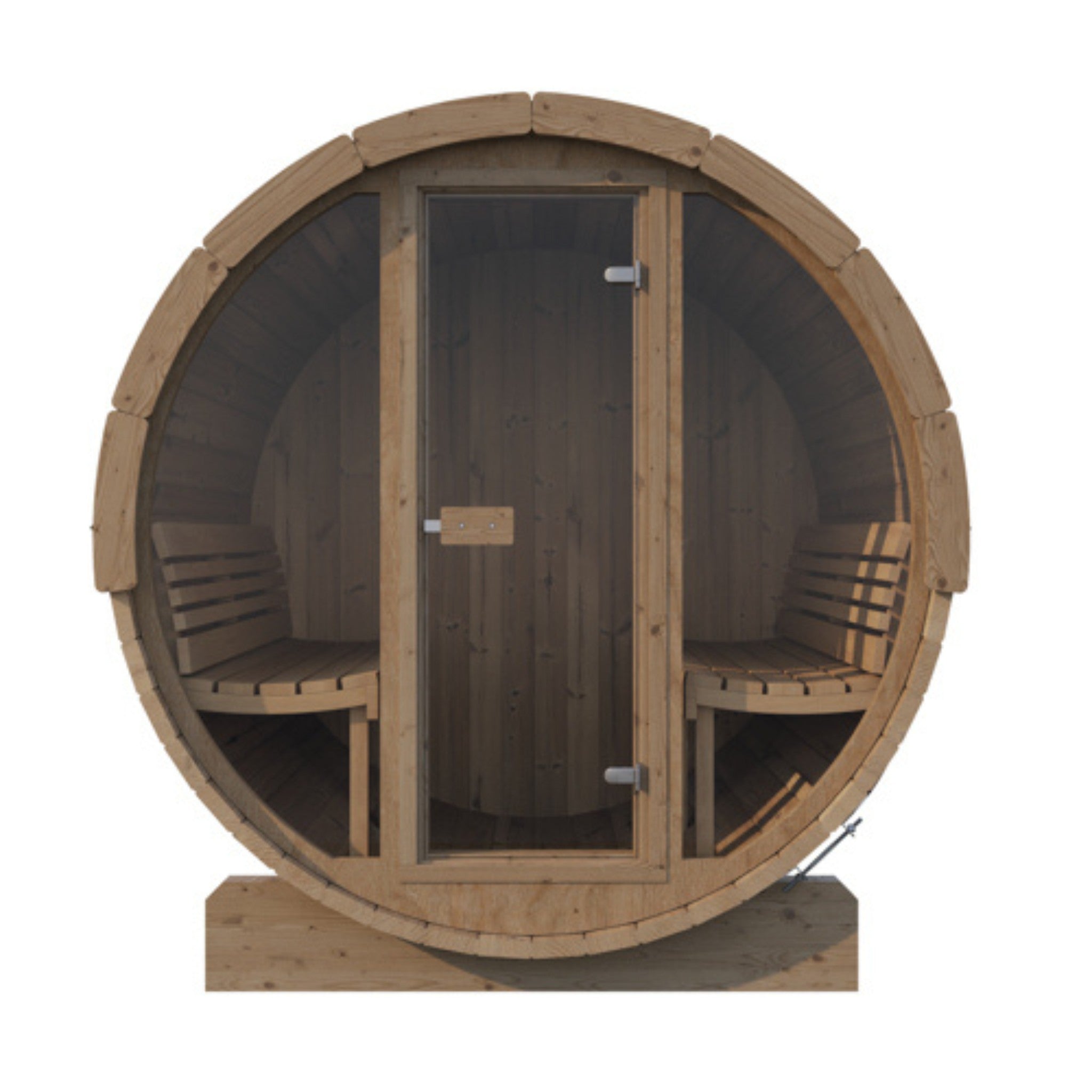 SaunaLife Model E8G outdoor barrel sauna with full glass front.