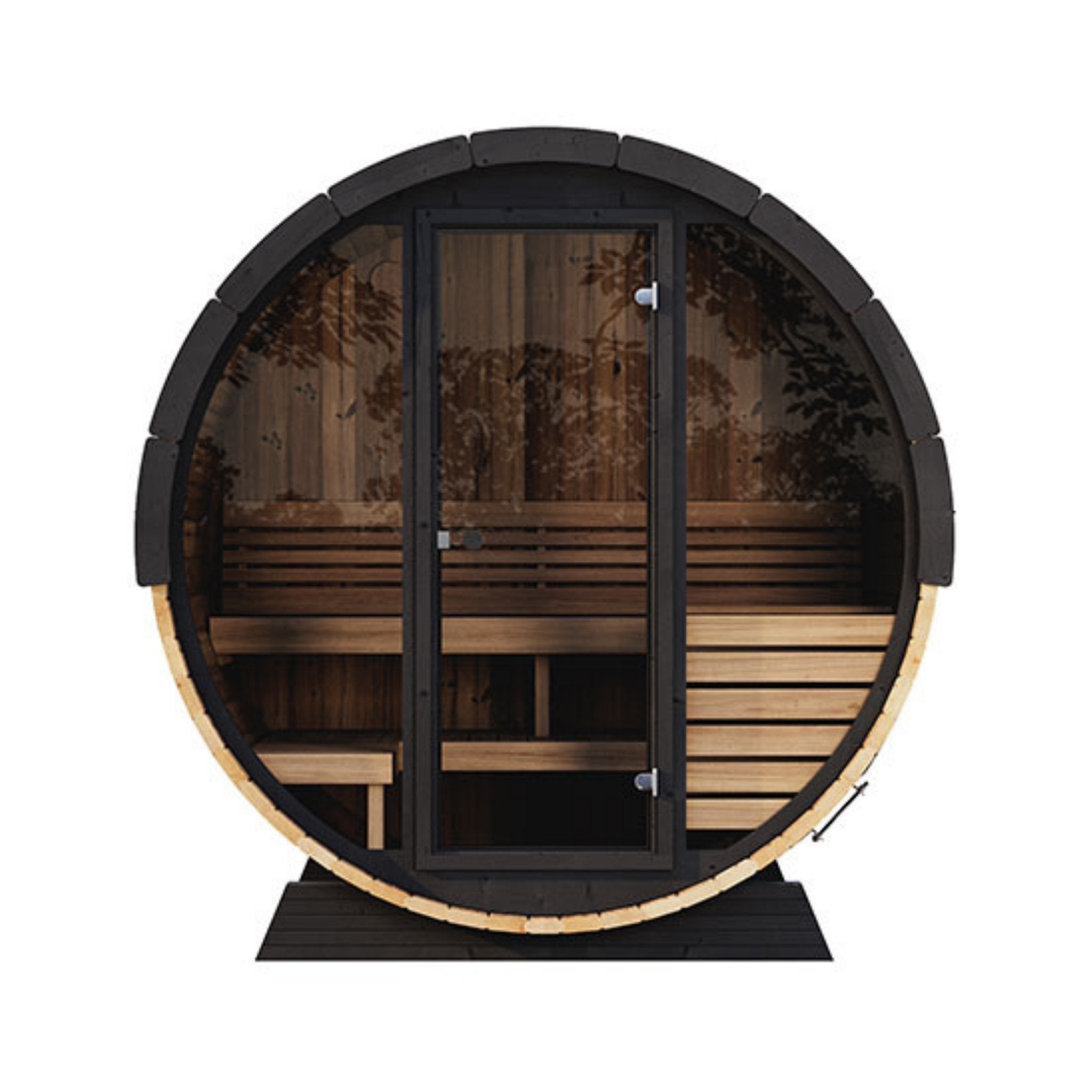 Rear exterior of SaunaLife EE6G barrel sauna showing thermo-spruce panel construction.