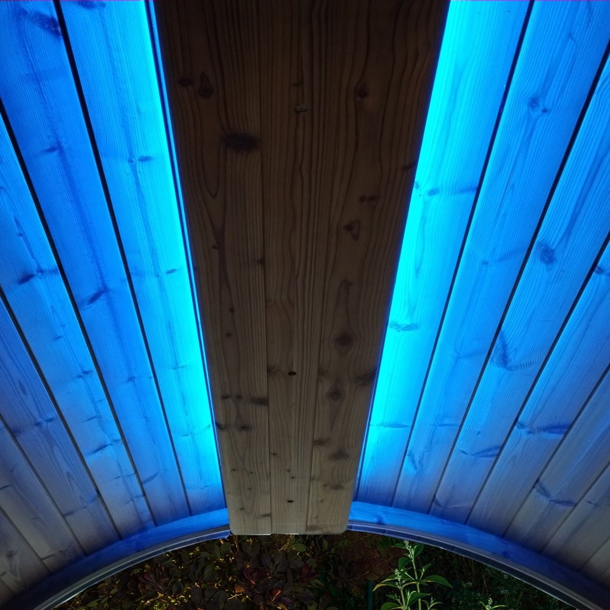 ERGO sauna interior with SaunaLife Emood system creating a calming blue glow on wooden panels.