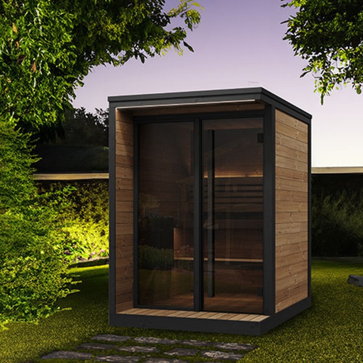 SaunaLife GL4 sauna cabin showing glass front entry and black metal frame design.