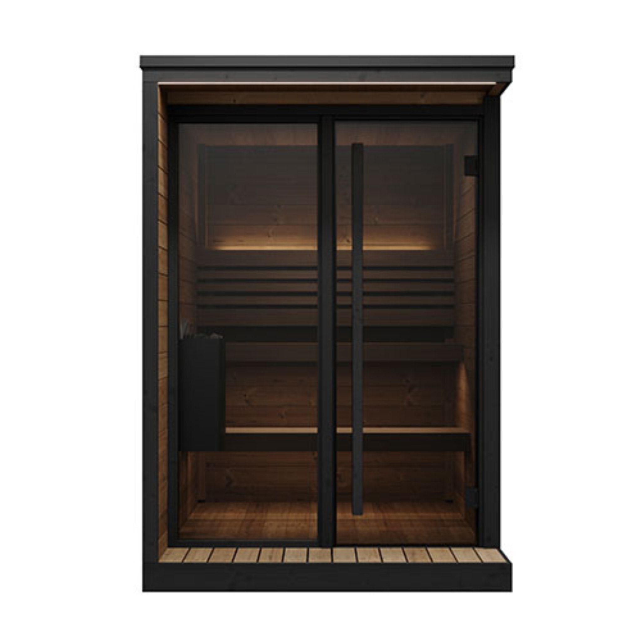 SaunaLife GL4 modern outdoor sauna with dark trim and natural wood exterior panels.