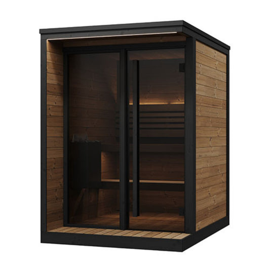 SaunaLife Model GL4 outdoor sauna featuring glass front door and sleek black frame.