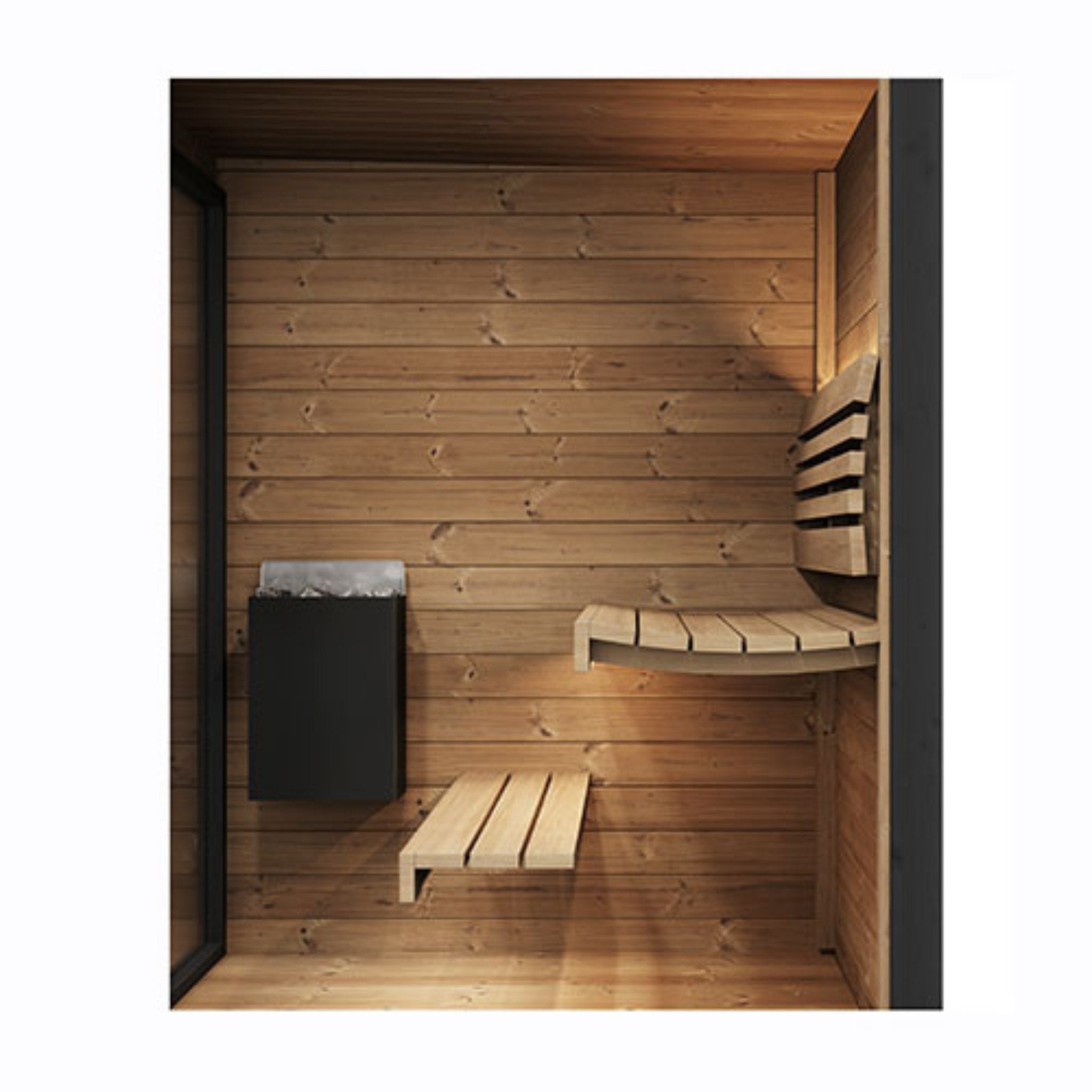 SaunaLife GL4 interior featuring cedar benches, heater unit, and soft ambient lighting.