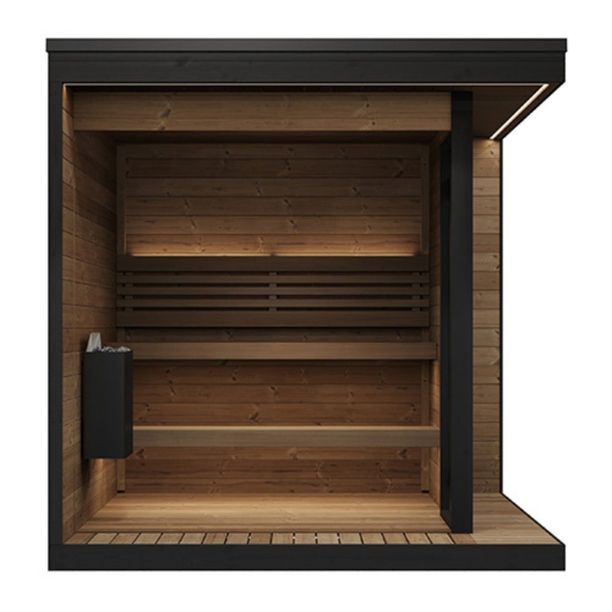 SaunaLife GL6 sauna cabin showcasing dark trim and natural thermo-wood siding.