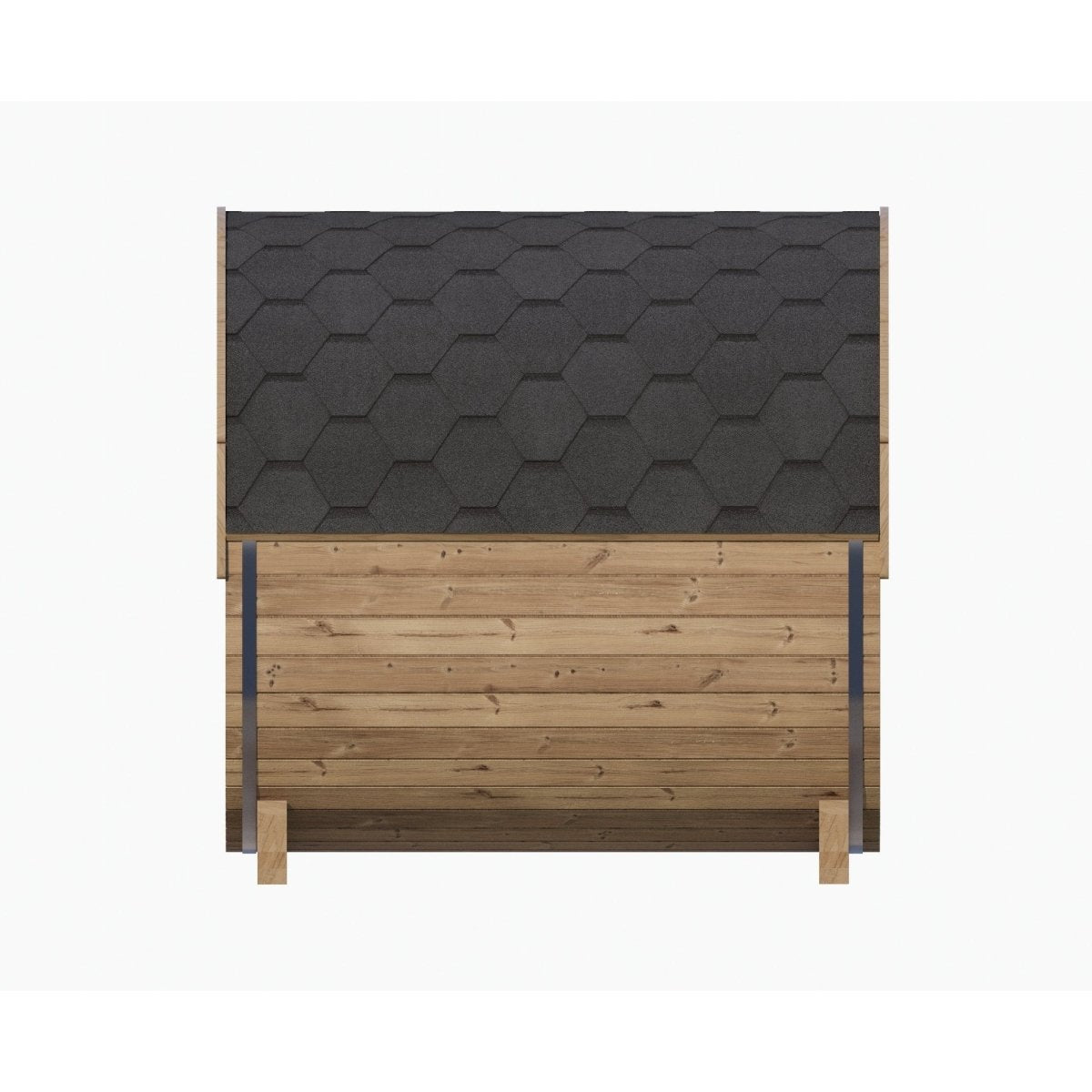 SaunaLife E8 side and roof view showing exterior wood panels and shingled top on white background.