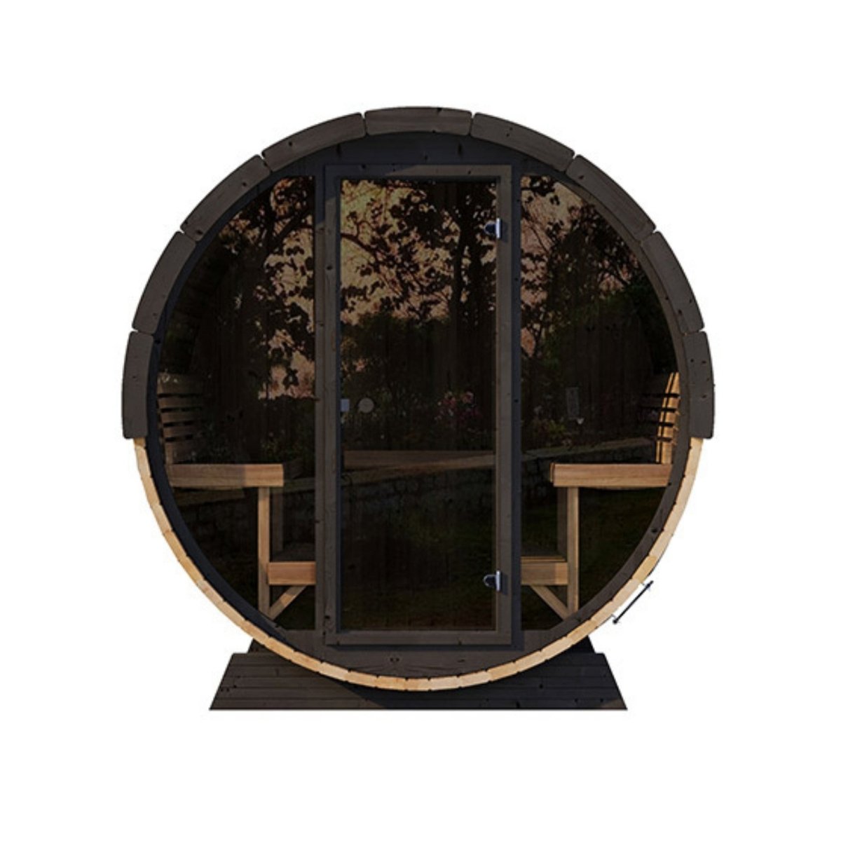SaunaLife EE8G barrel sauna with glass entry door and natural wood finish interior.
