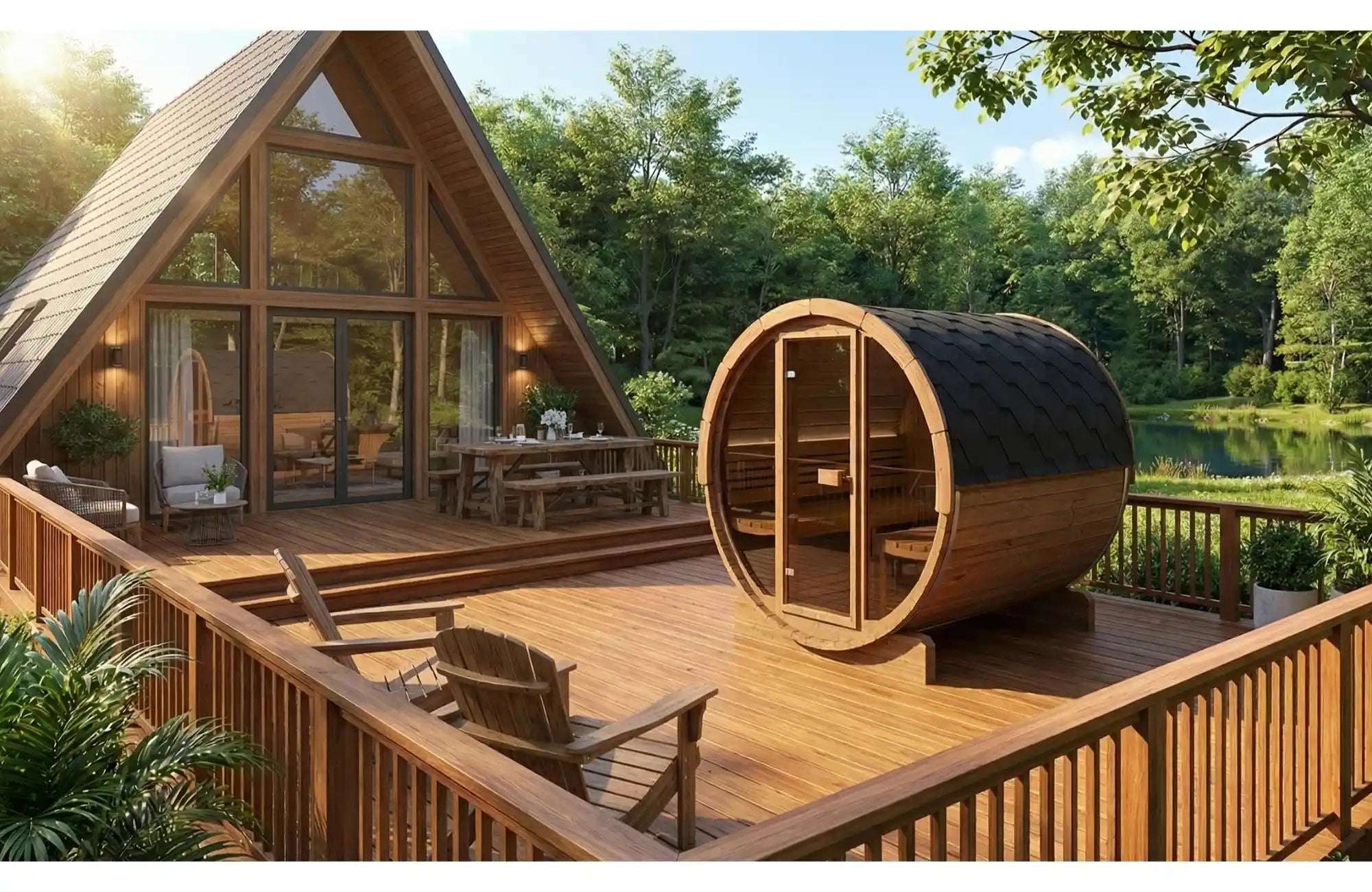 SaunaLife barrel sauna beside a modern lakeside cabin showcasing precision engineering and premium outdoor sauna craftsmanship