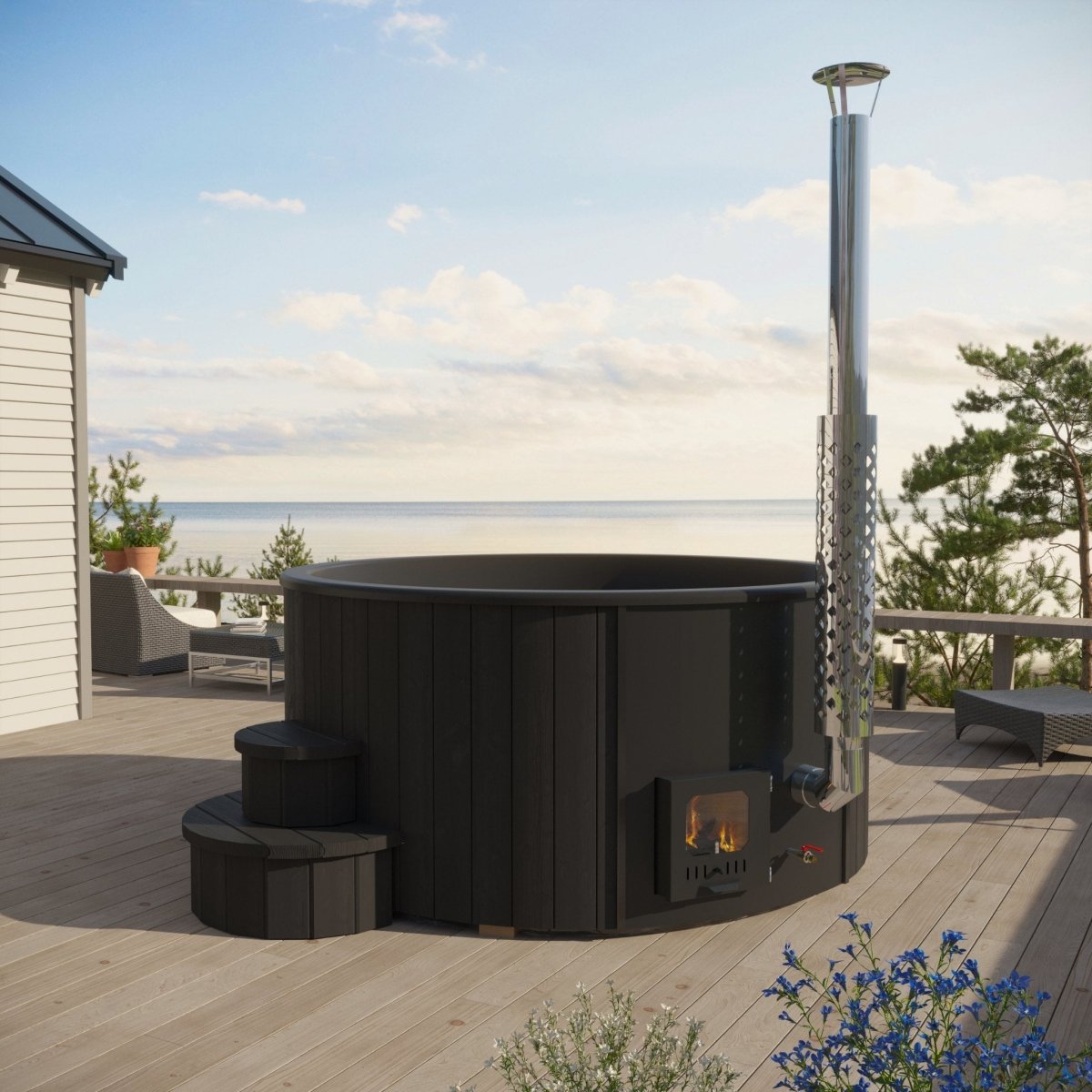 SaunaLife Model S4B wood-fired hot tub positioned on outdoor deck.