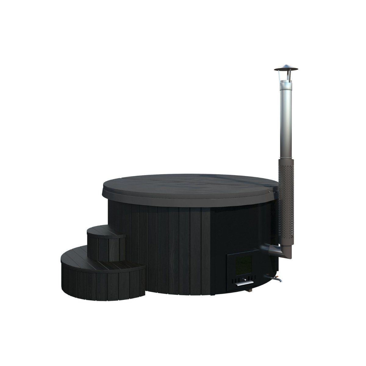 SaunaLife S4B black wood hot tub featuring tall metal chimney and matching step stool.
