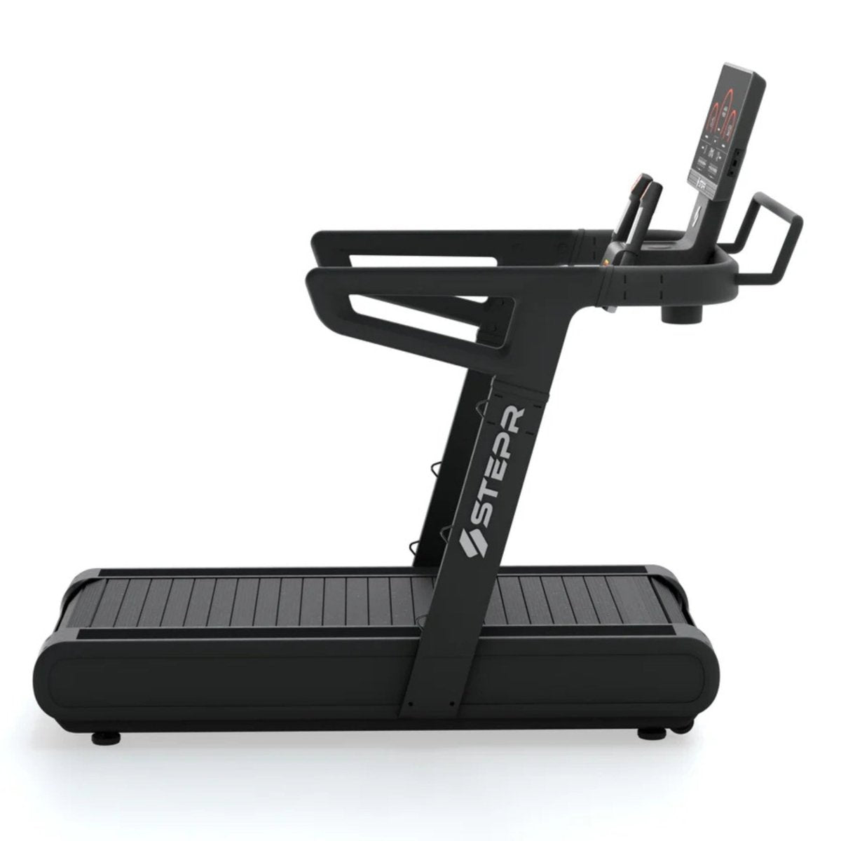 Athlete lifting weights beside STEPR All-In Tread XL treadmill in gym setting