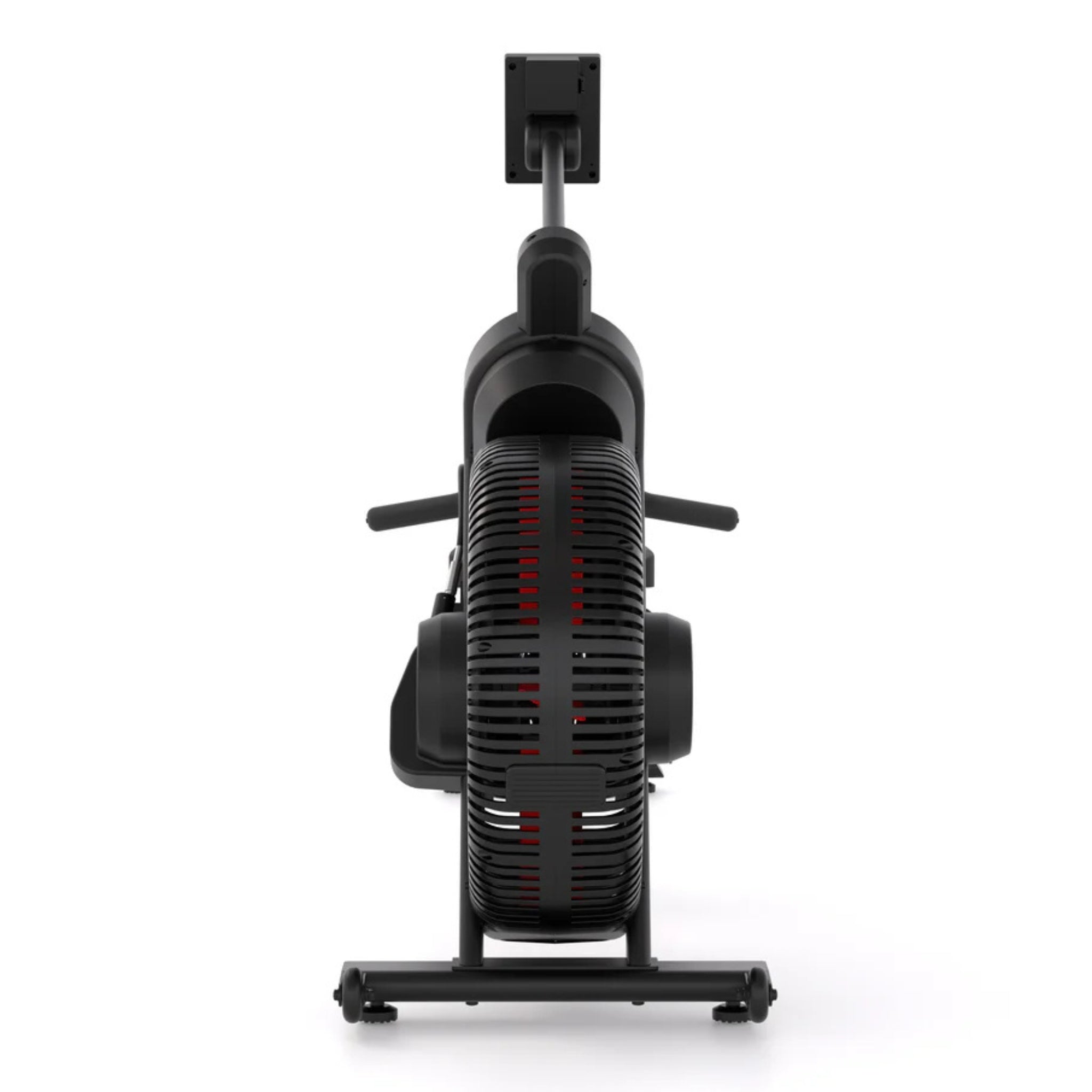 Upright front view of STEPR rowing machine with mounted digital console