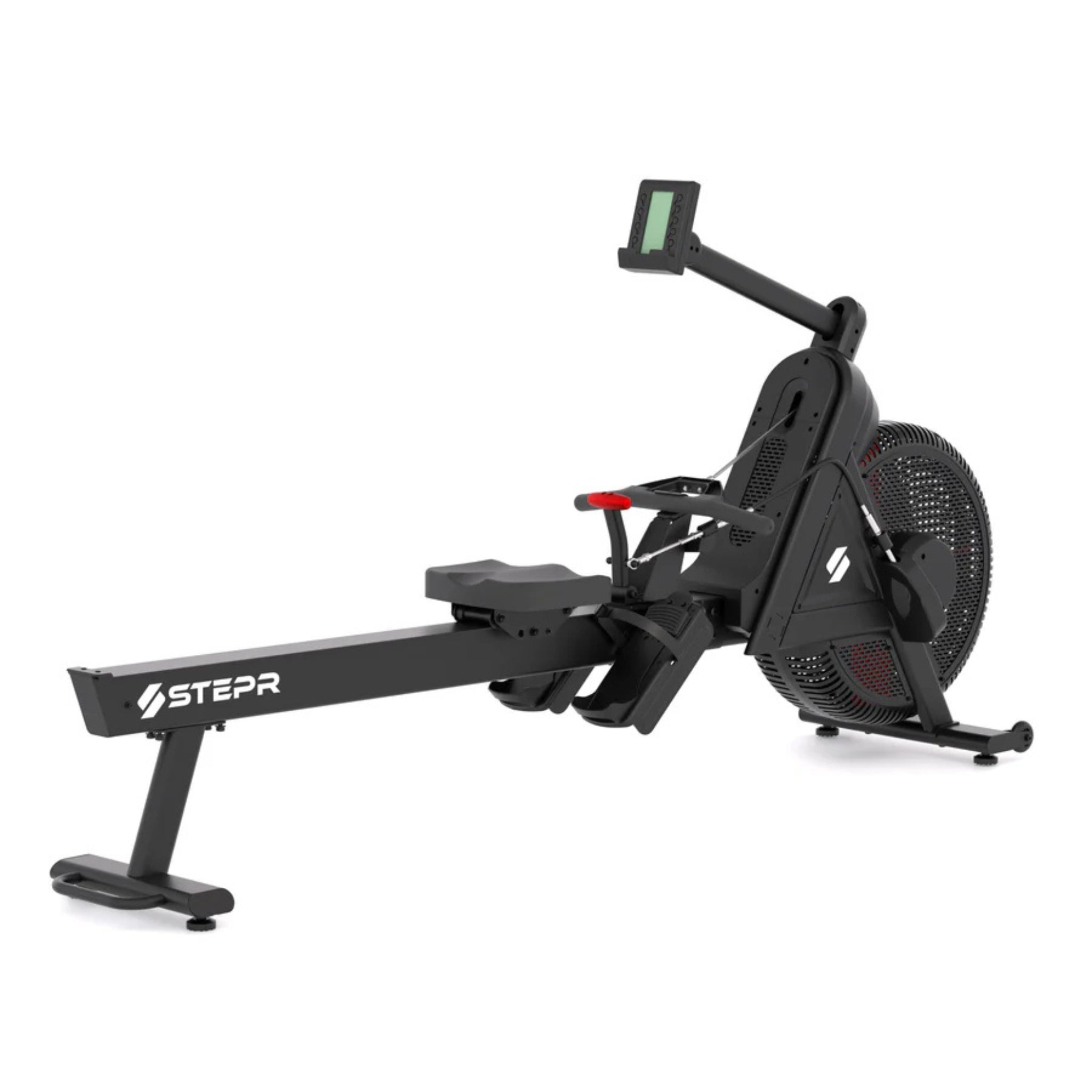 STEPR rowing machine in black design with digital console for cardio training