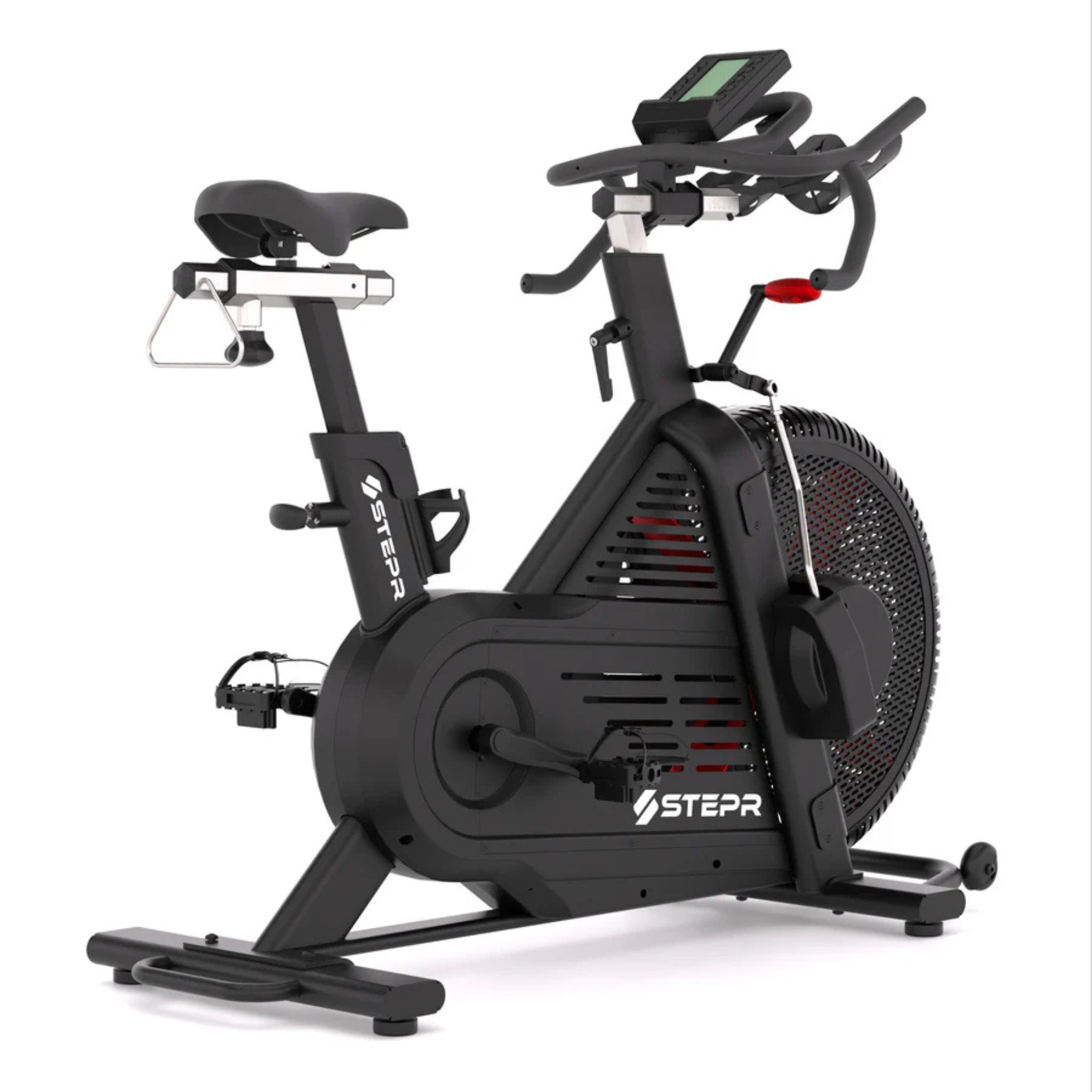 Side profile of STEPR spin bike with adjustable seat and handlebars