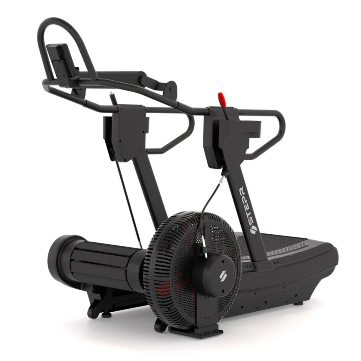 Side angled view of STEPR TreadSled XL Hybrid Sled treadmill in running workout mode