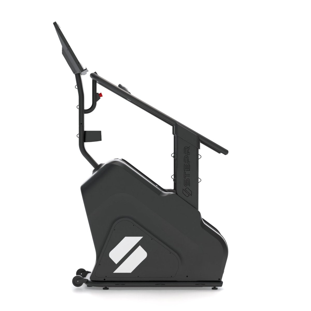 Side view of STEPR XL Classic stair climber with LED console, oversized floating steps, and black frame