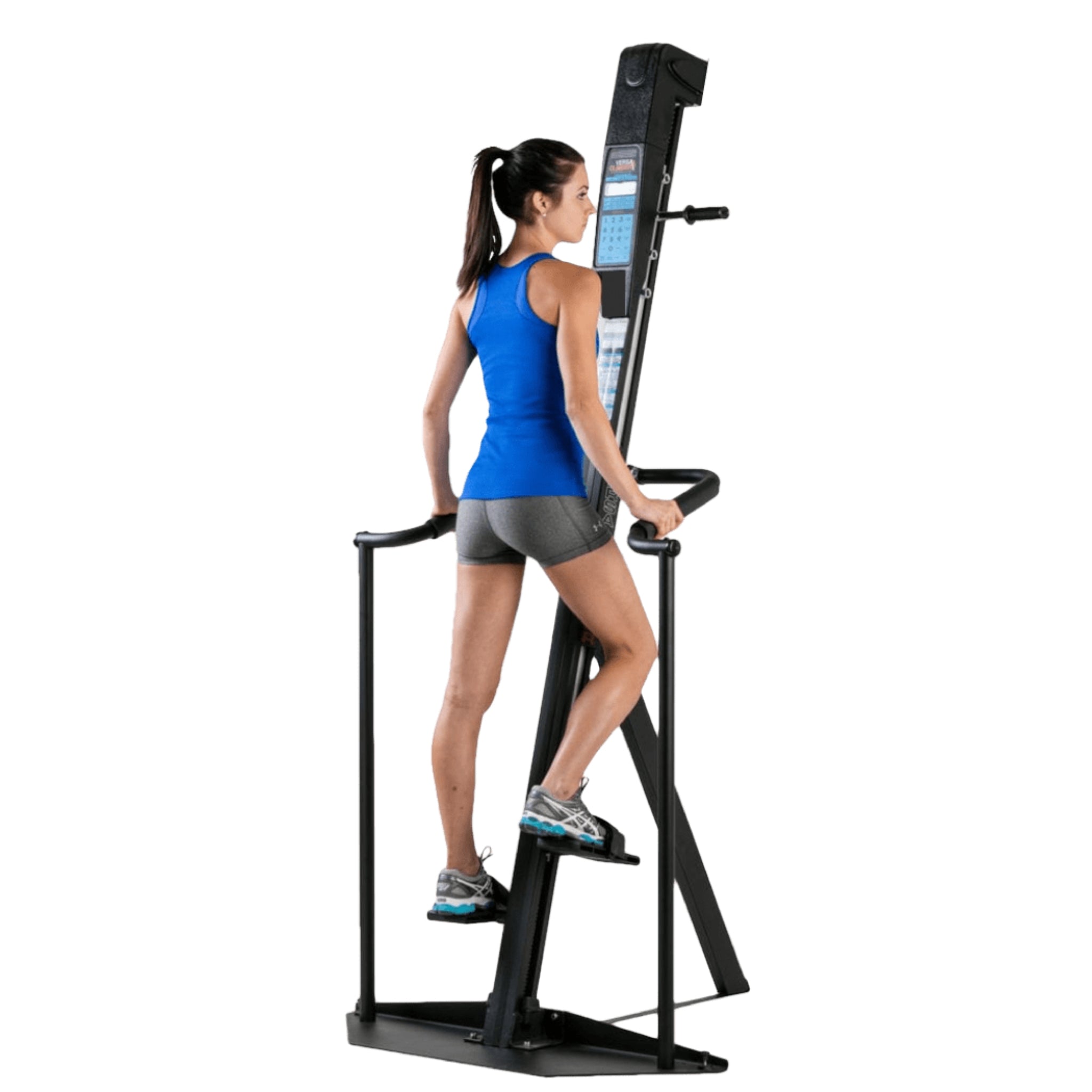 Woman working out on the VersaClimber alx vertical climbing machine, demonstrating full-body cardio and strength training, displayed on a clean white background