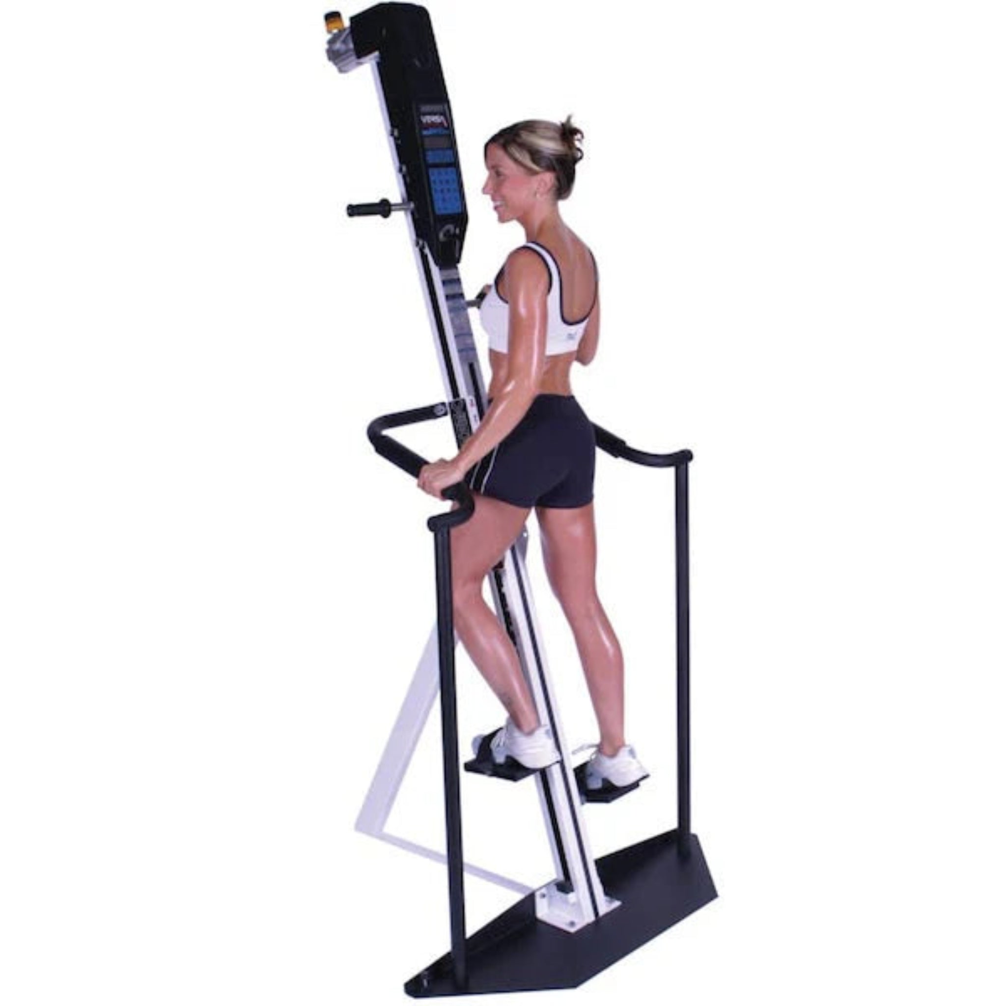 Woman exercising on the VersaClimber ALX vertical climbing machine, performing total-body zero-impact cardio and strength training on a white background