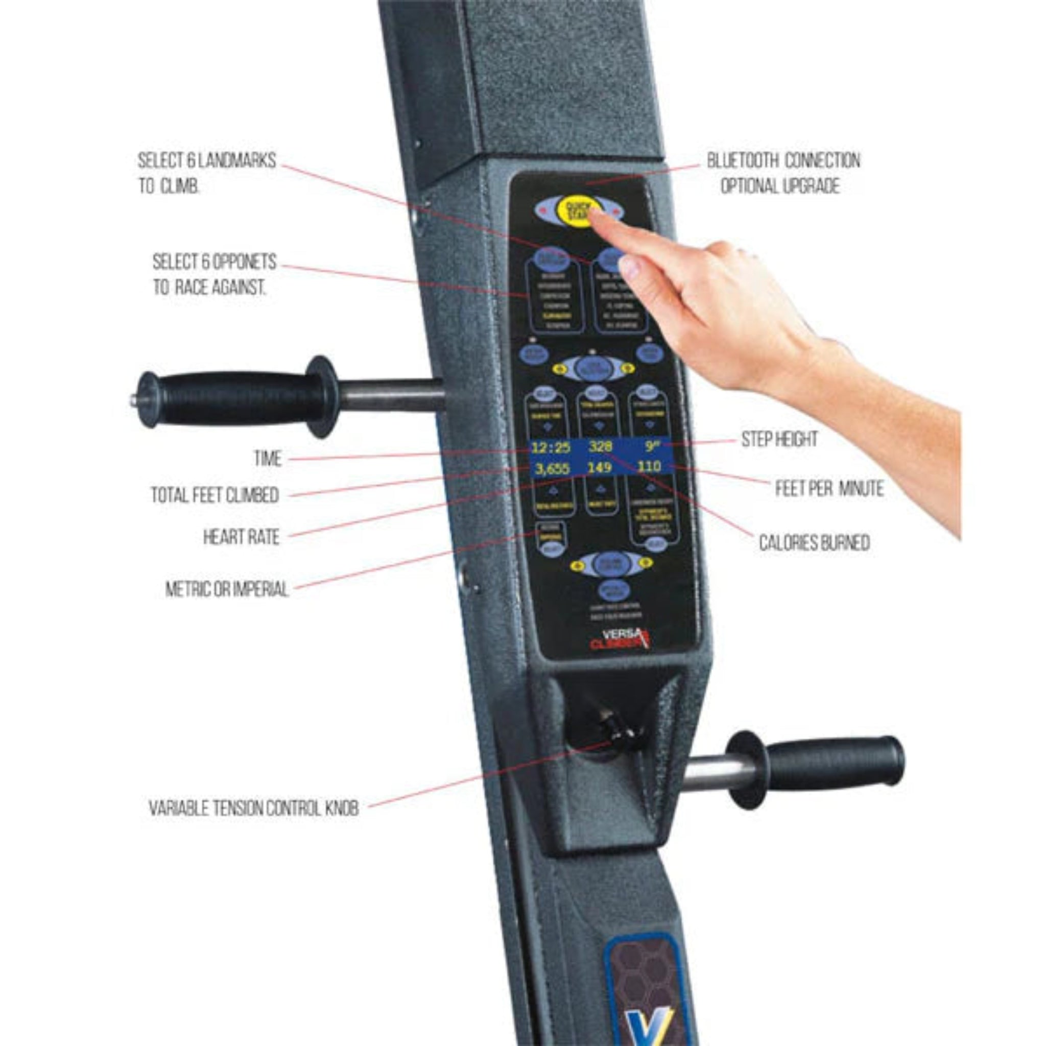 Close-up of the VersaClimber SM-A Aerobic console showing workout display, control buttons, and adjustable settings for tracking time, distance, calories, and step rate.
