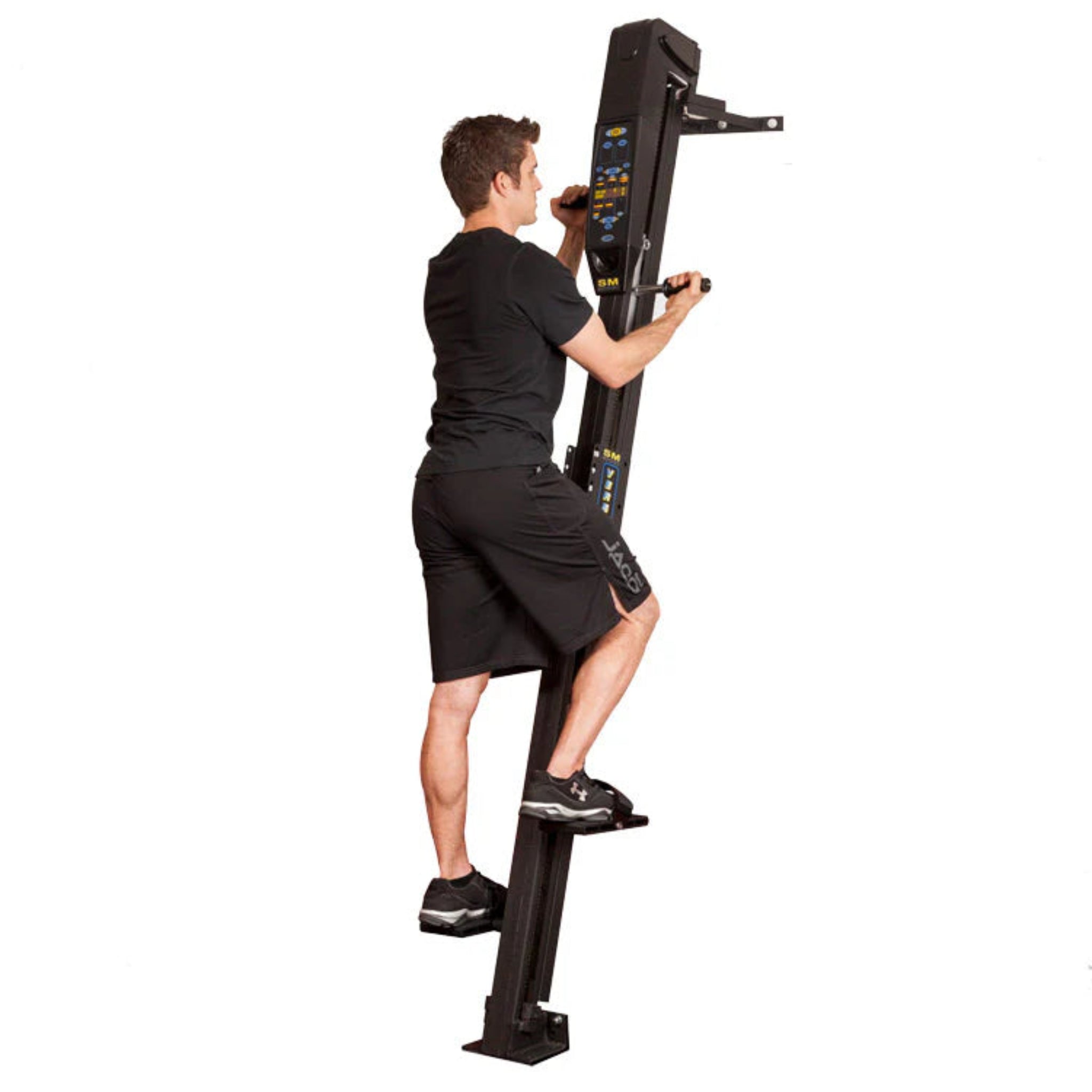 Man training on the VersaClimber SM-A Aerobic vertical climbing machine, performing a full-body zero-impact cardio workout.