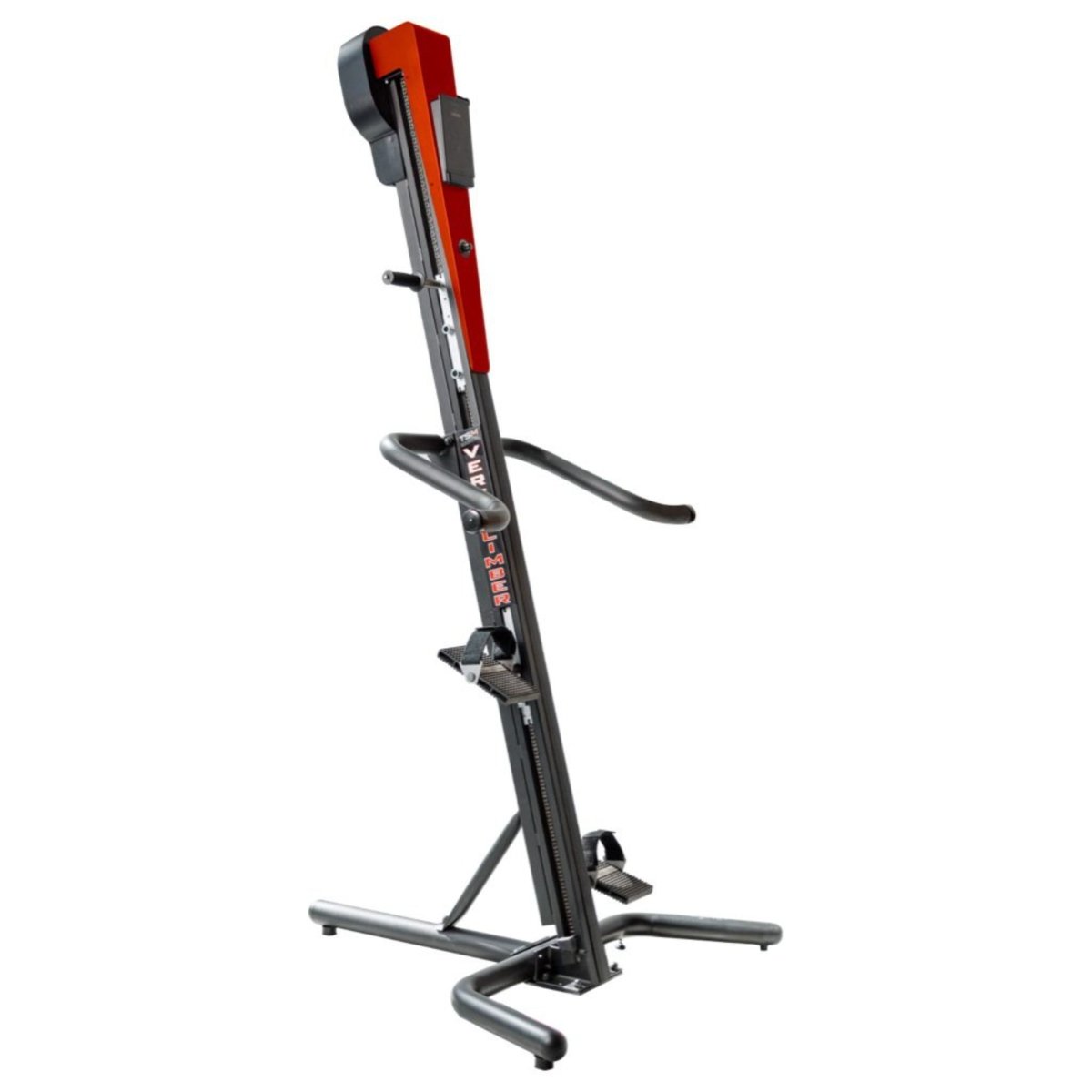 Gym exercise machine with red and black design on a white background
