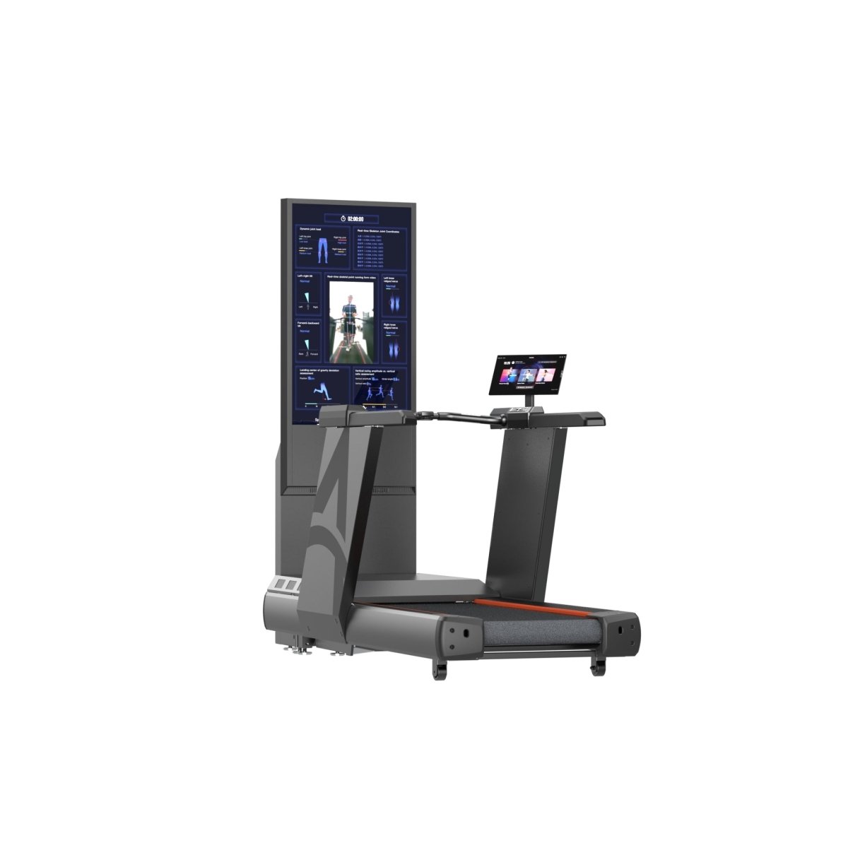 Left side angled view of Visbody Creator 600 AI treadmill with dual smart displays on white background