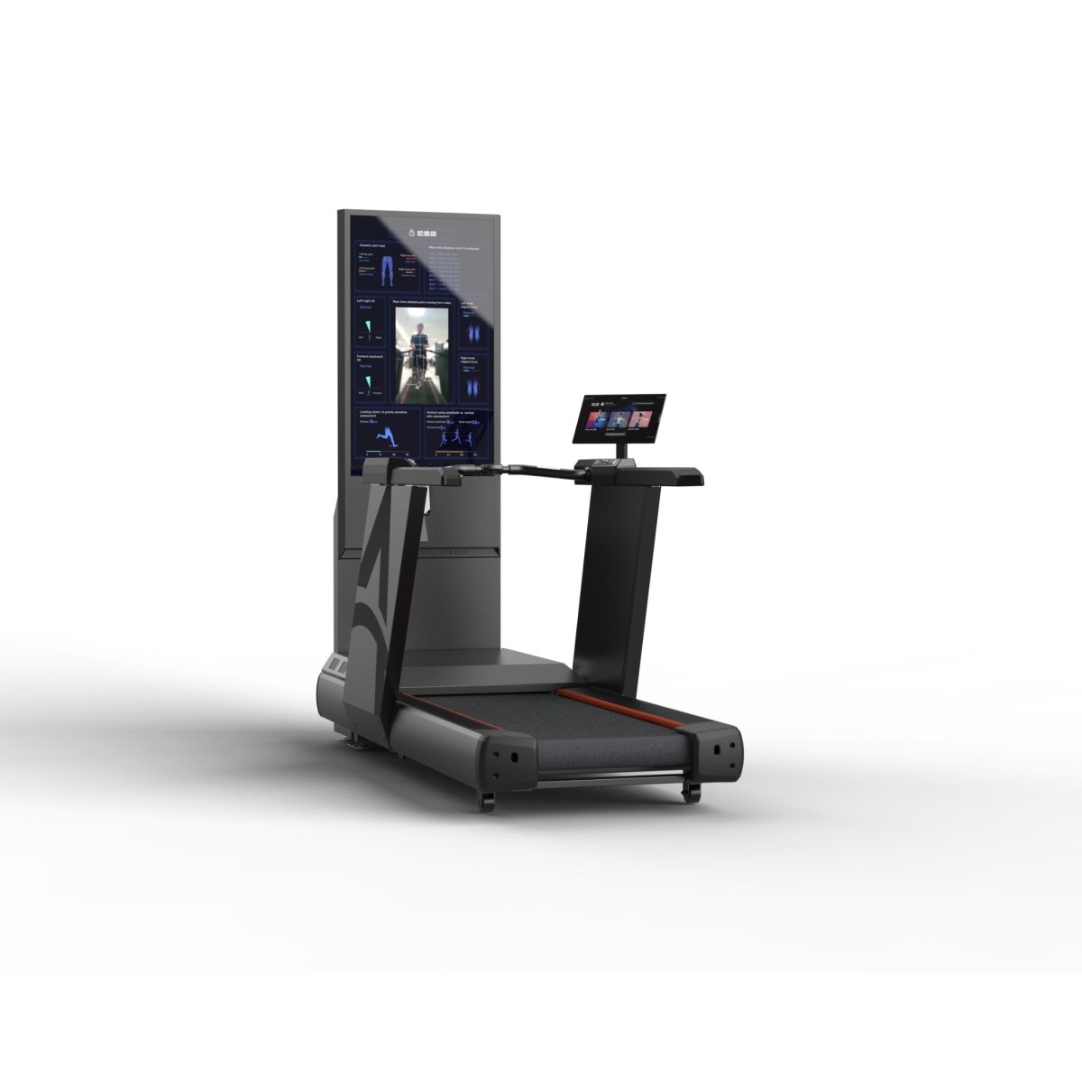 Angled front-right view of Visbody Creator 600 AI treadmill with advanced digital display and rehab training interface on white background