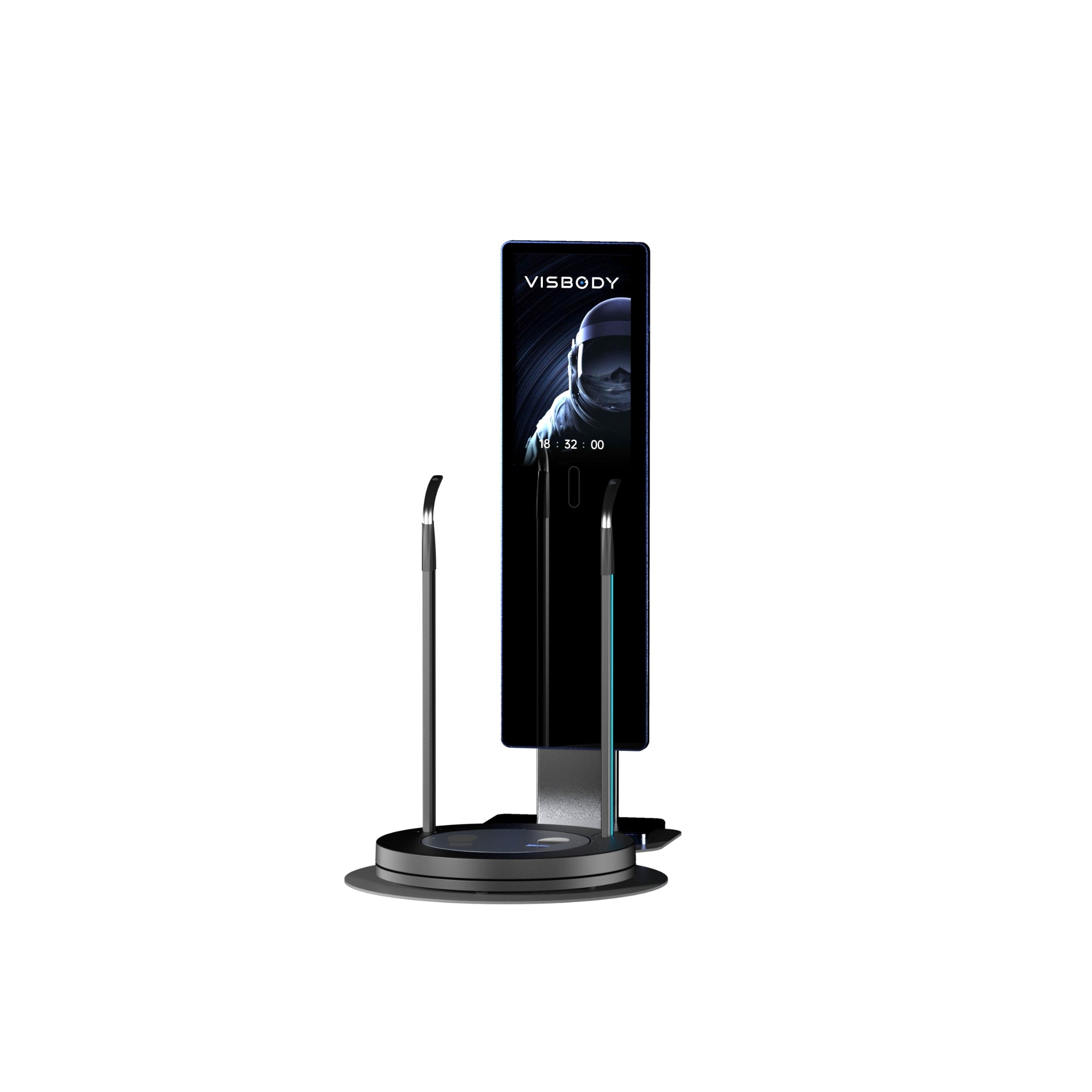 Front-angled view of Visbody M60 3D body scanner highlighting the slim mirror design, curved arm handles, and circular base on white background.