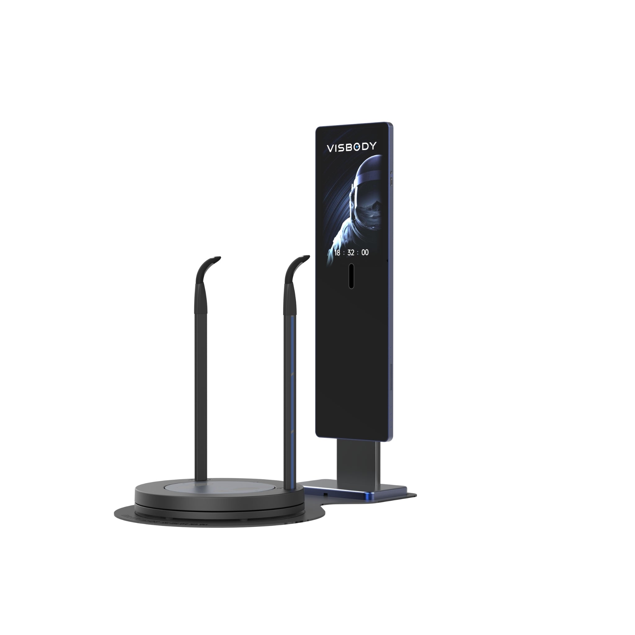 Angled rear view of Visbody M60 body composition scanner showcasing curved handles, rotating base, and slim vertical display on white background