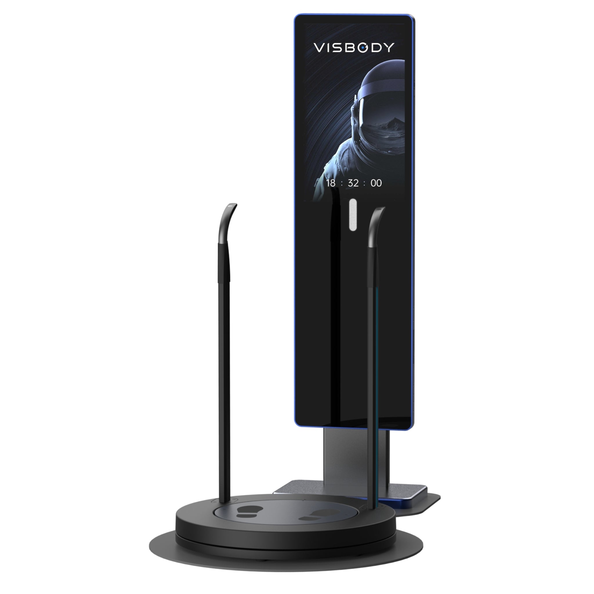 Side-angled view of Visbody M60 3D body composition analysis mirror showcasing its curved handrails, rotating base, and slim digital display on white background