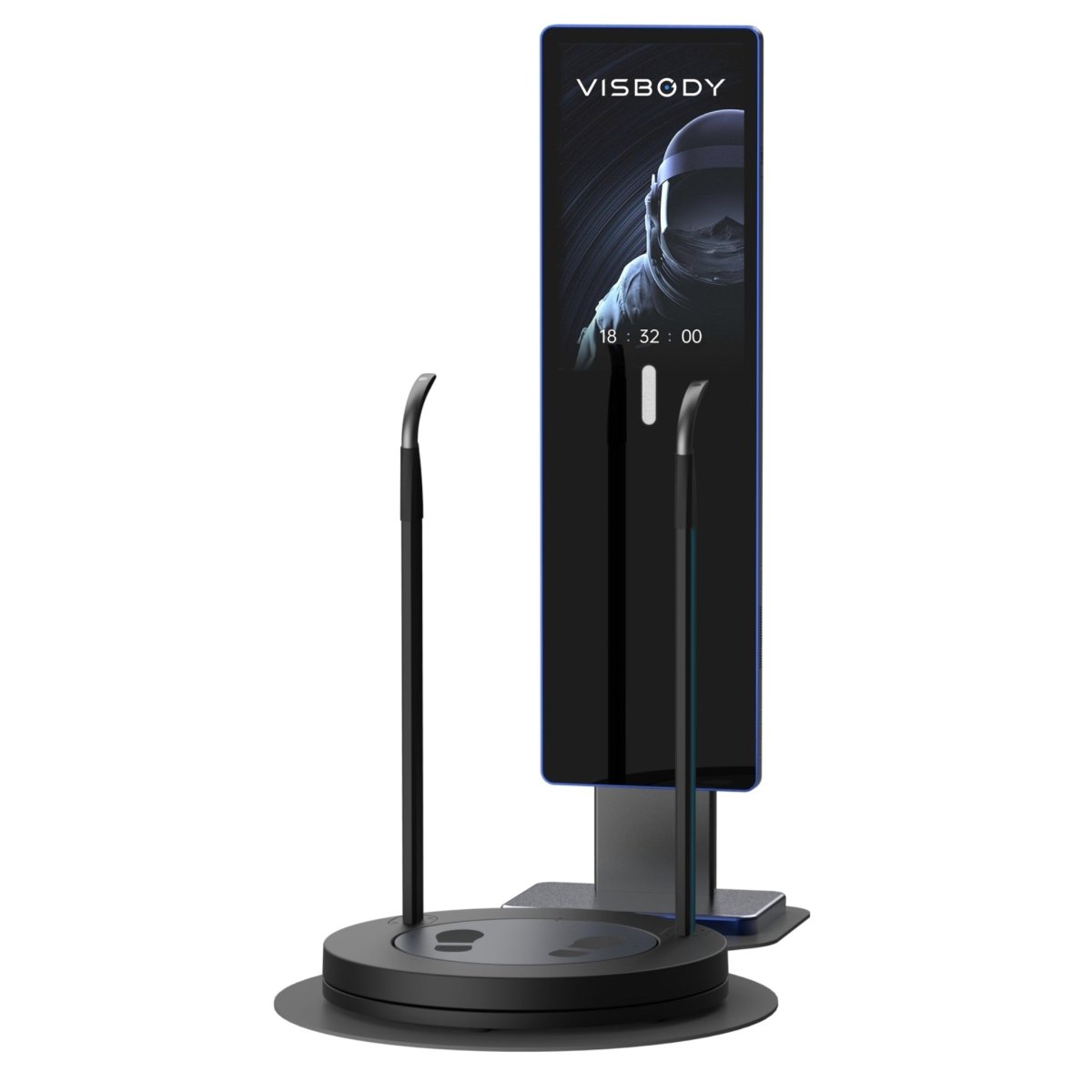 Side-angled view of Visbody M60 3D body composition analysis mirror showcasing its curved handrails, rotating base, and slim digital display on white background