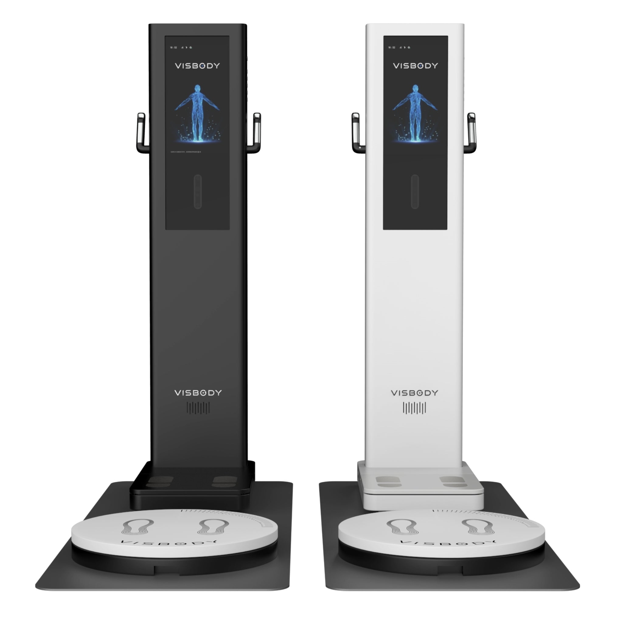 Front view of Visbody S30 3D body scanners in black and white models for body composition and health analysis