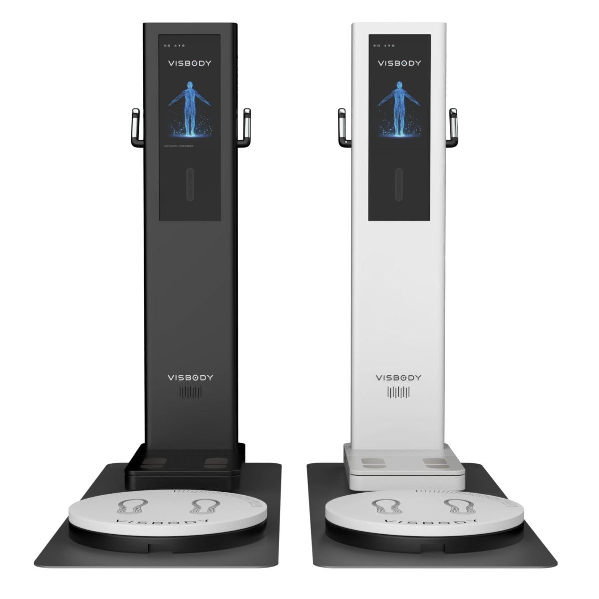 Front view of Visbody S30 3D body scanners in black and white models for body composition and health analysis