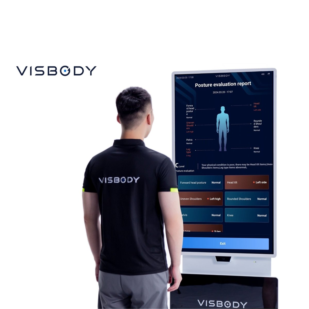 Man viewing posture evaluation report on the Visbody T30 3D body scanner screen during body composition and alignment analysis demonstration
