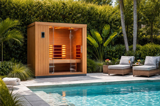 An outdoor infrared sauna beside a pool