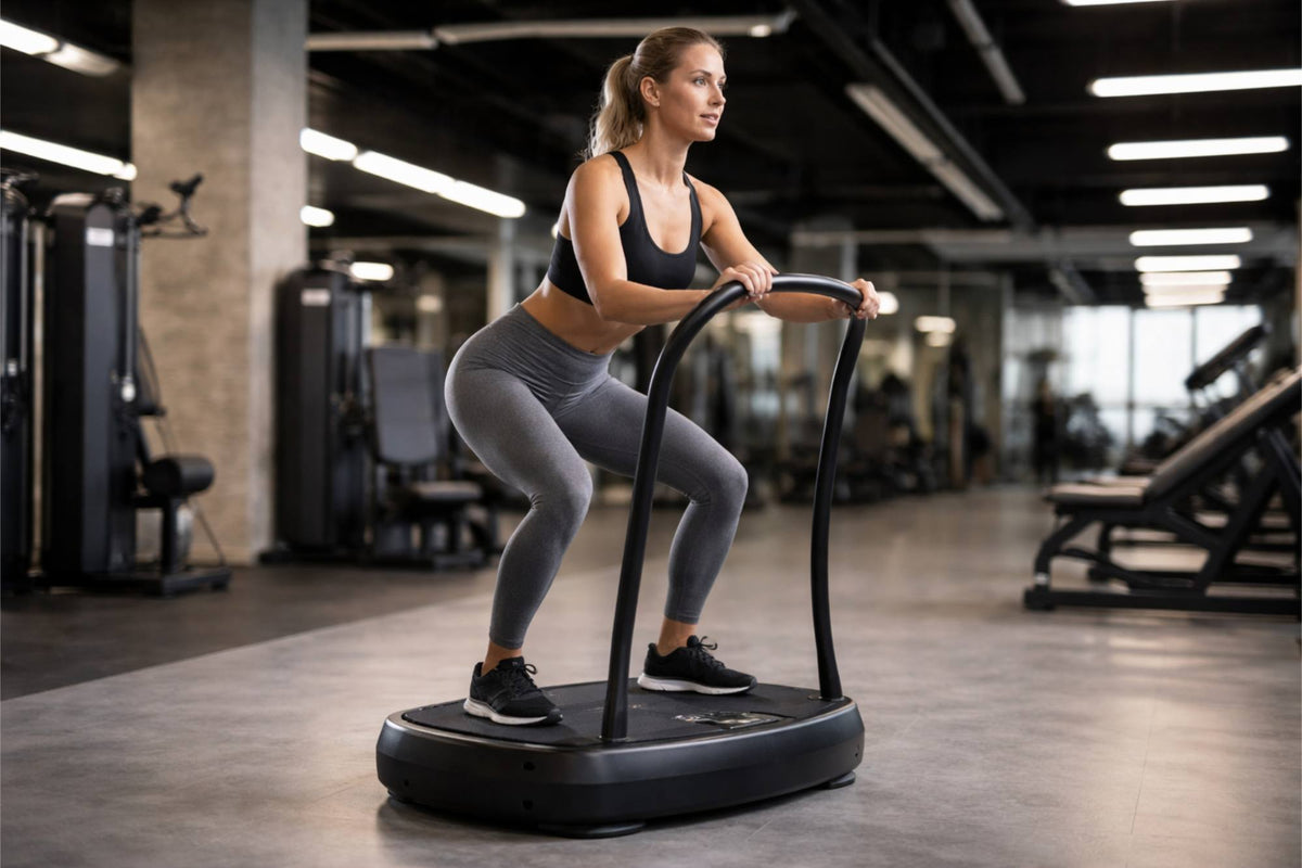 Woman performing a squat on a whole body vibration plate in a gym