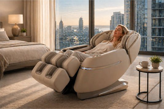 Woman relaxing in a zero gravity massage chair with a cityscape view from a high-rise.