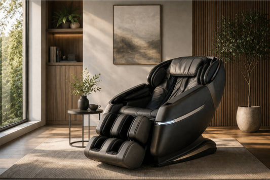 A massage chair in a modern living room with large windows and decorative elements.